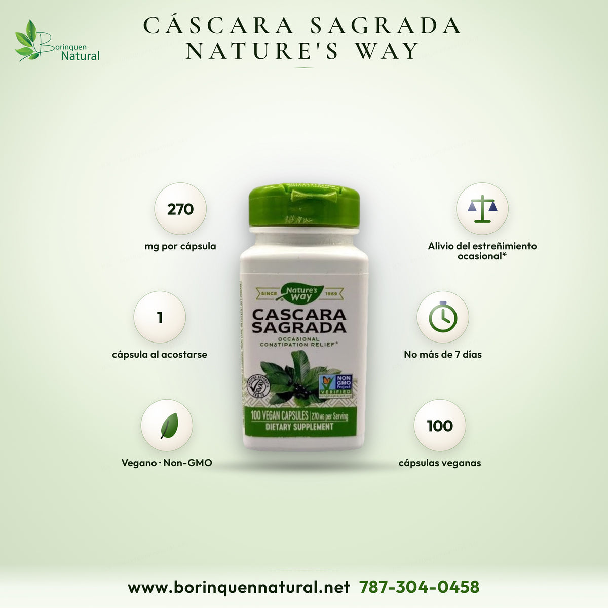 Cáscara sagrada de Nature's Way, alivio del estreñimiento ocasional, frasco de 100 cápsulas veganas de 270 mg