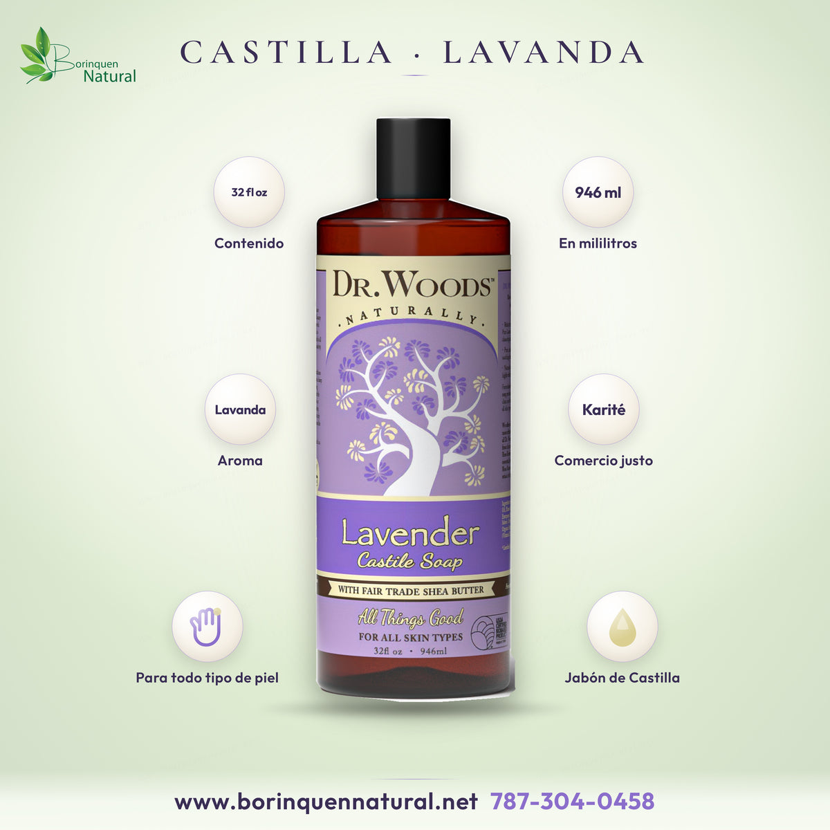Jabón líquido de Castilla de lavanda con manteca de karité de comercio justo, Dr. Woods, envase de 32 fl oz (946 ml)