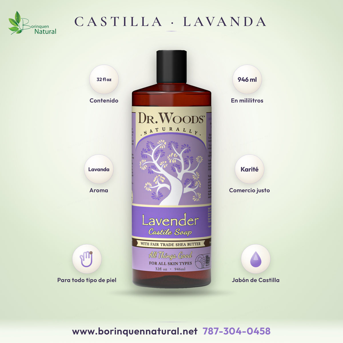 Jabón líquido de Castilla de lavanda con manteca de karité de comercio justo, Dr. Woods, envase de 32 fl oz (946 ml)