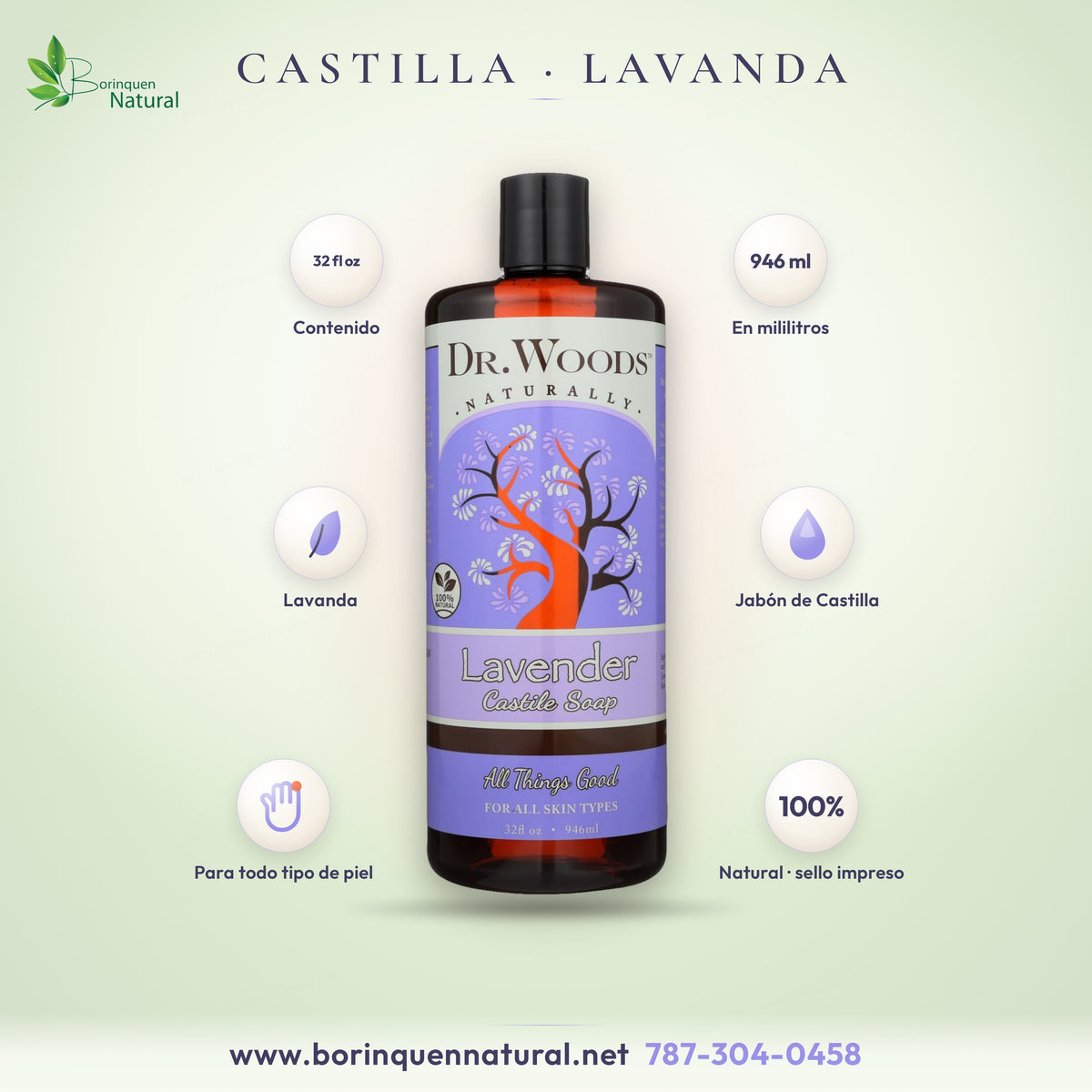 Jabón líquido de Castilla de lavanda Dr. Woods, envase de 32 fl oz (946 ml), para todo tipo de piel