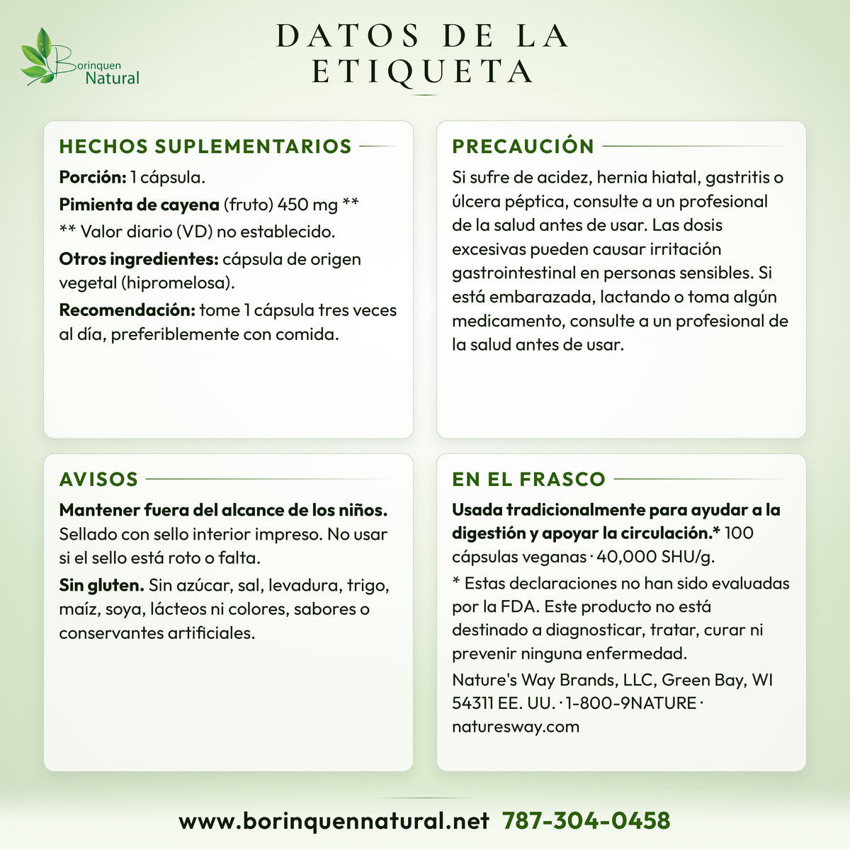 Datos de la etiqueta de la cayena de Nature's Way: hechos suplementarios, recomendación, precaución y avisos