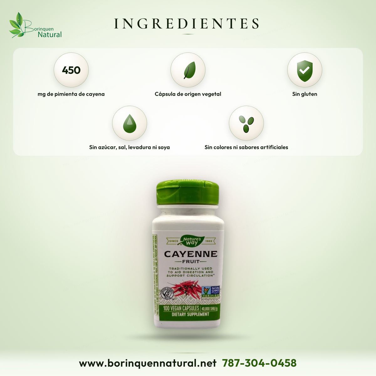 Ingredientes de la cayena de Nature's Way: 450 mg de pimienta de cayena (fruto) en cápsula vegetal