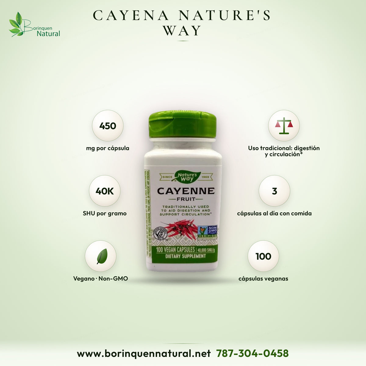Cayena (fruto) de Nature's Way, 40,000 SHU por gramo, frasco de 100 cápsulas veganas de 450 mg