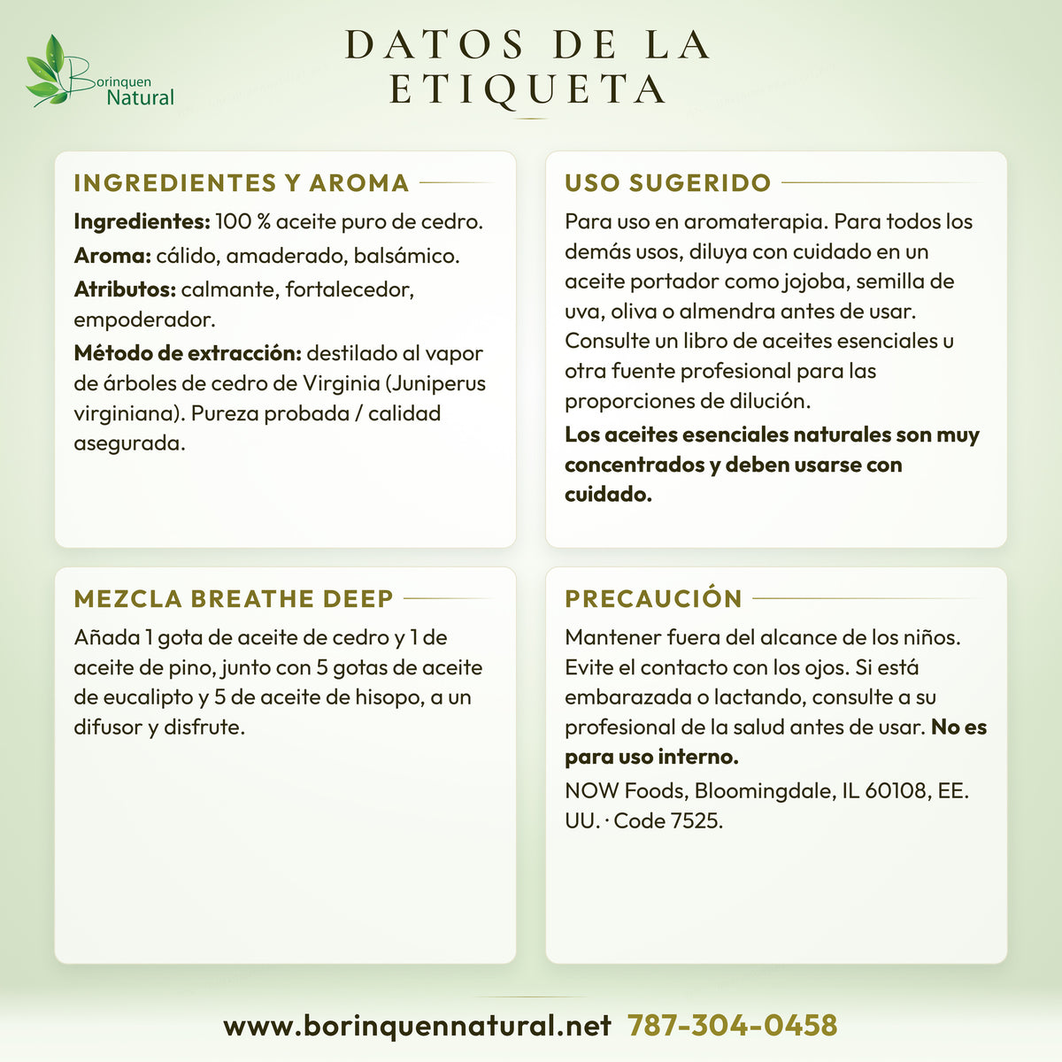 Datos de la etiqueta del aceite esencial de cedro NOW: ingredientes, aroma, uso sugerido y precaución