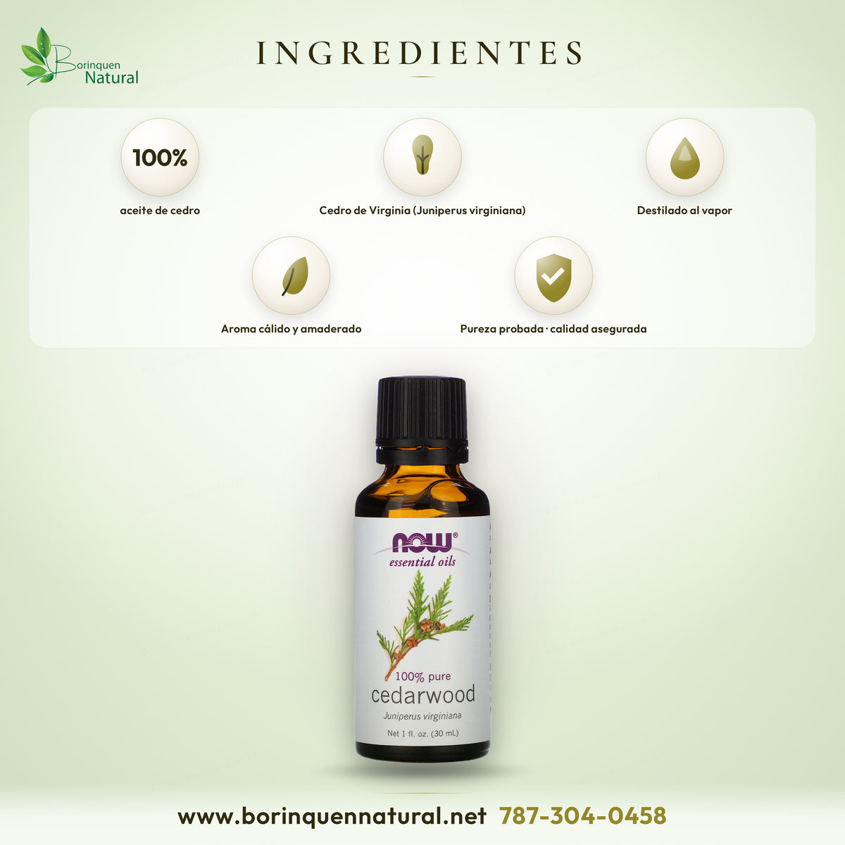 Ingredientes del aceite esencial de cedro NOW: 100 % aceite puro de cedro de Virginia, destilado al vapor