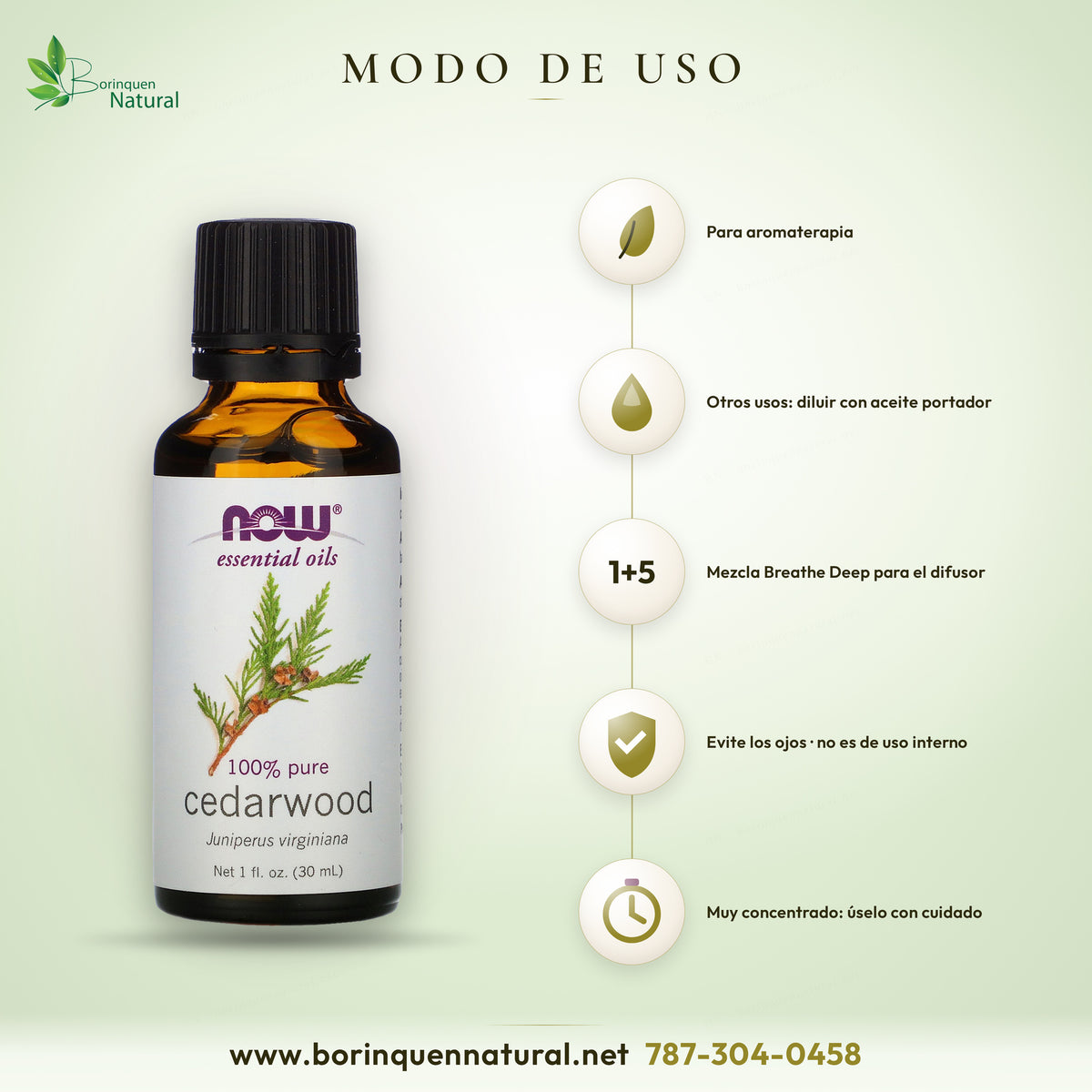 Modo de uso del aceite de cedro NOW: aromaterapia; para otros usos, diluir con aceite portador como jojoba u oliva