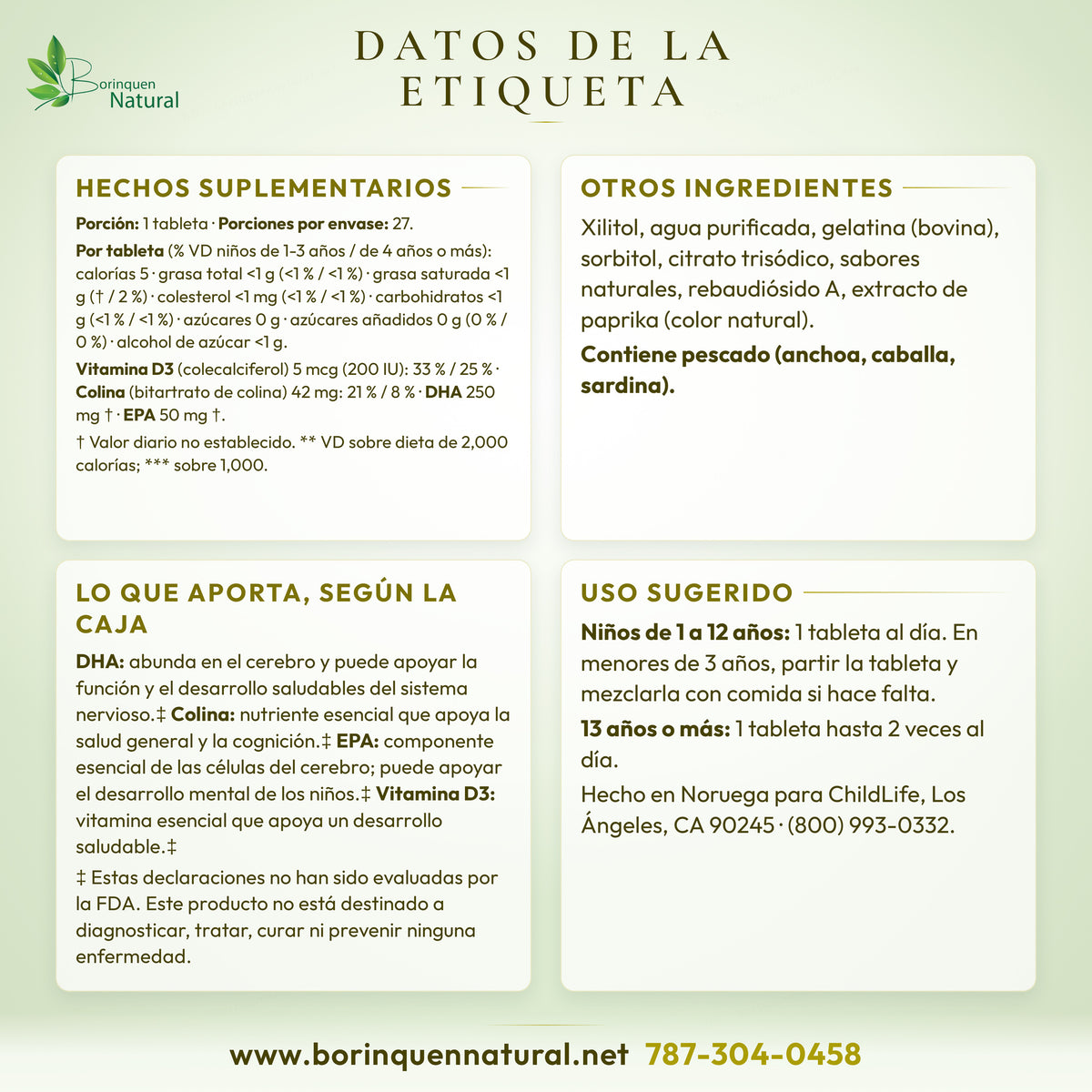 Datos de la etiqueta del ChildLife Omega-3 DHA + Choline: hechos suplementarios, otros ingredientes y uso sugerido