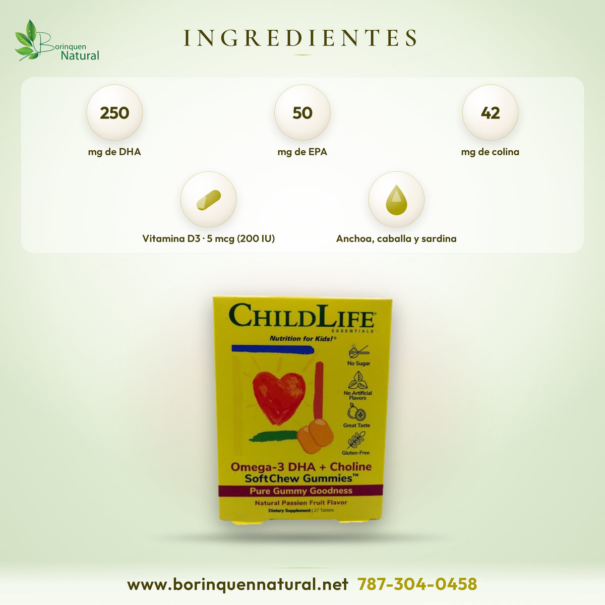 Ingredientes del ChildLife Omega-3 DHA + Choline: DHA 250 mg, EPA 50 mg, colina 42 mg y vitamina D3 200 IU por tableta