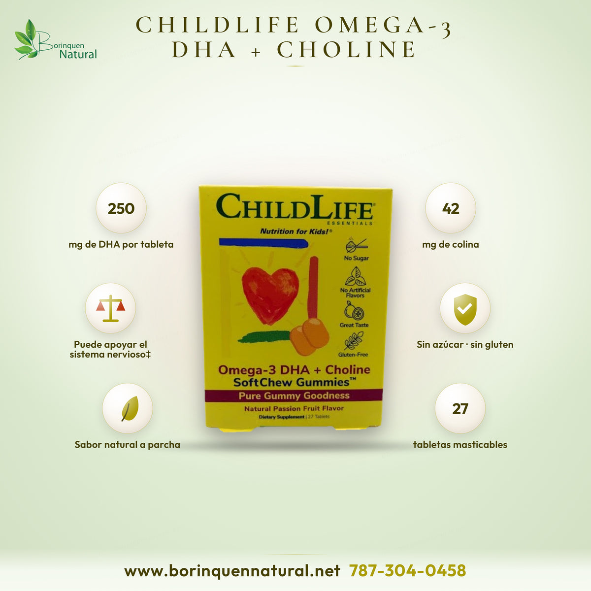 Omega-3 DHA + Choline SoftChew Gummies de ChildLife Essentials para niños, sabor natural a parcha, 27 tabletas
