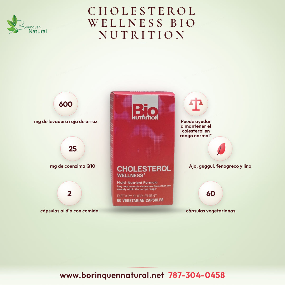 Cholesterol Wellness (Bienestar del Colesterol) de Bio Nutrition, fórmula de múltiples nutrientes con levadura roja de arroz, caja de 60 cápsulas vegetarianas