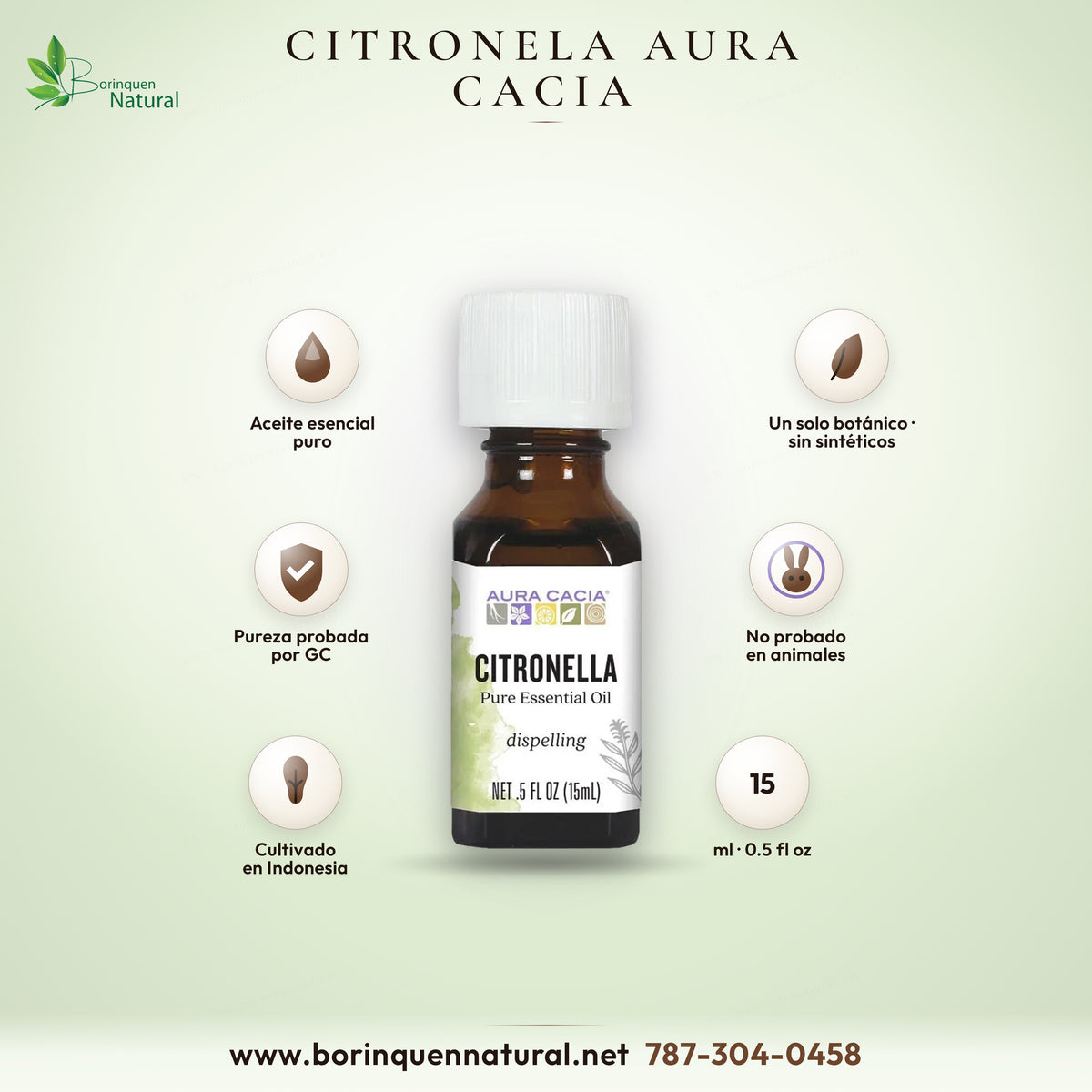 Aceite esencial puro de citronela de Aura Cacia, Cymbopogon winterianus cultivado en Indonesia, 0.5 fl oz