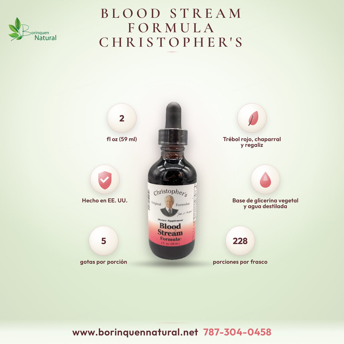 Blood Stream Formula de Christopher's Original Formulas, mezcla líquida de hierbas en glicerina, gotero de 2 fl oz