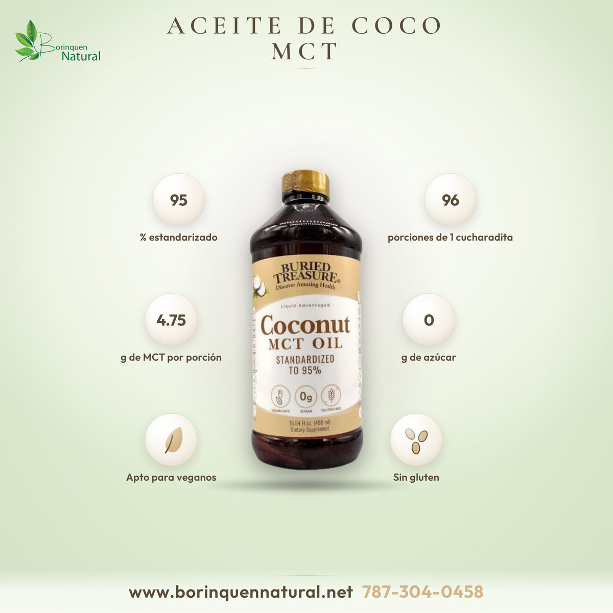 Aceite de coco MCT Buried Treasure Liquid Advantage, estandarizado al 95%, suplemento dietético líquido, frasco de 16.54 fl oz (496 ml)