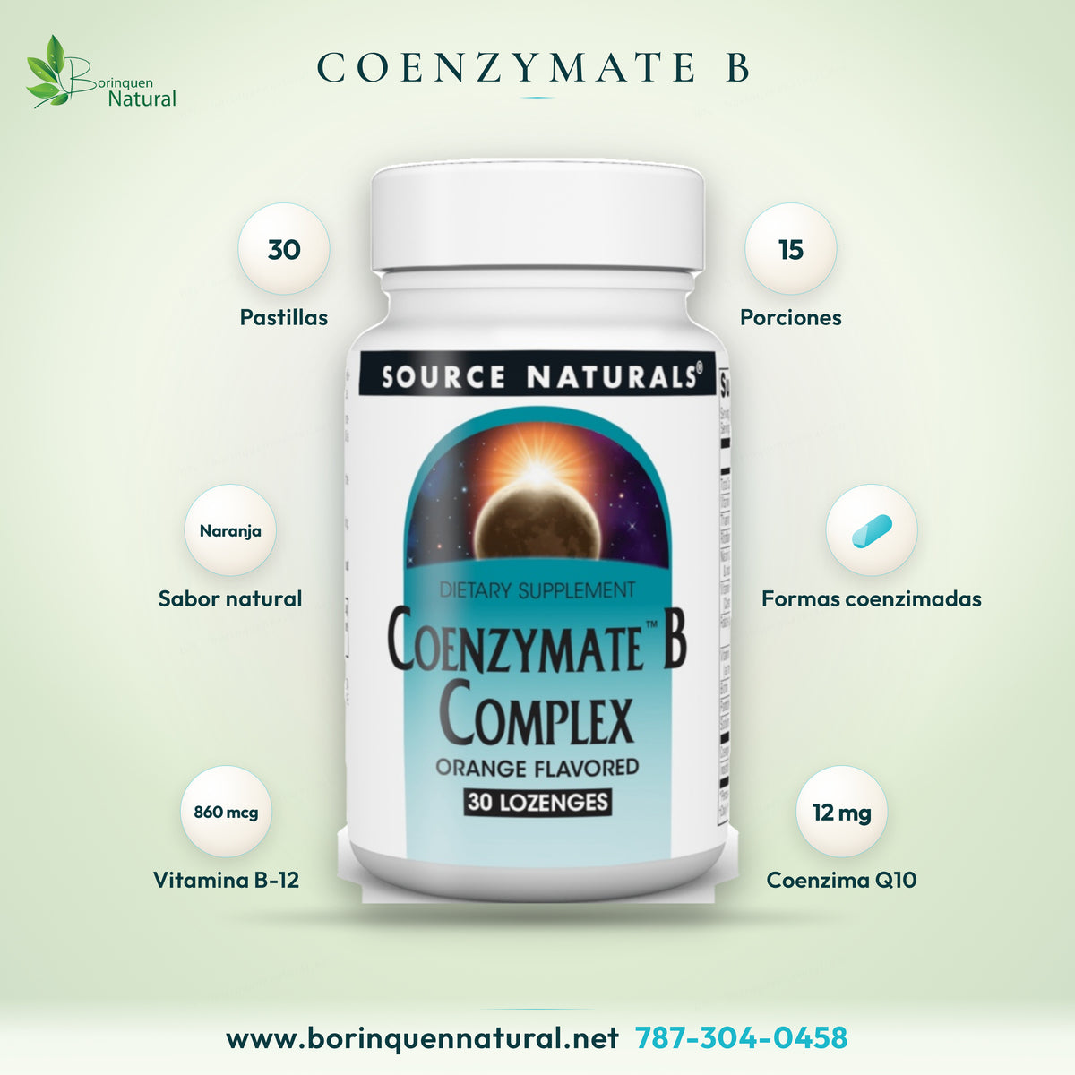 Coenzymate B Complex de Source Naturals, complejo B en formas coenzimadas, frasco de 30 pastillas con sabor a naranja