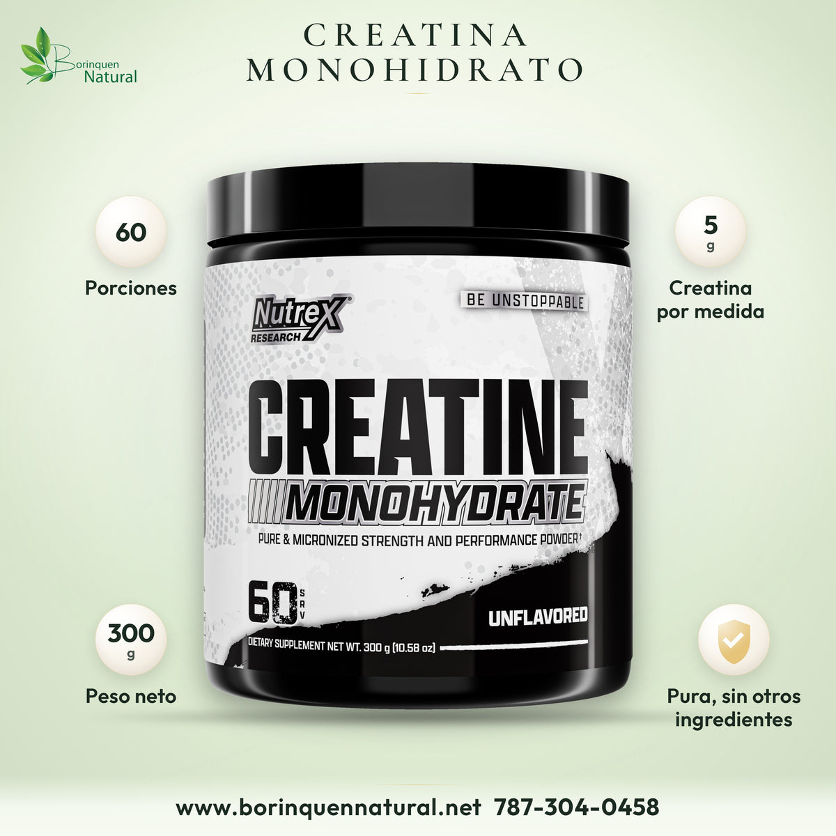 Creatina monohidrato sin sabor de Nutrex Research, envase de 300 g con 60 porciones