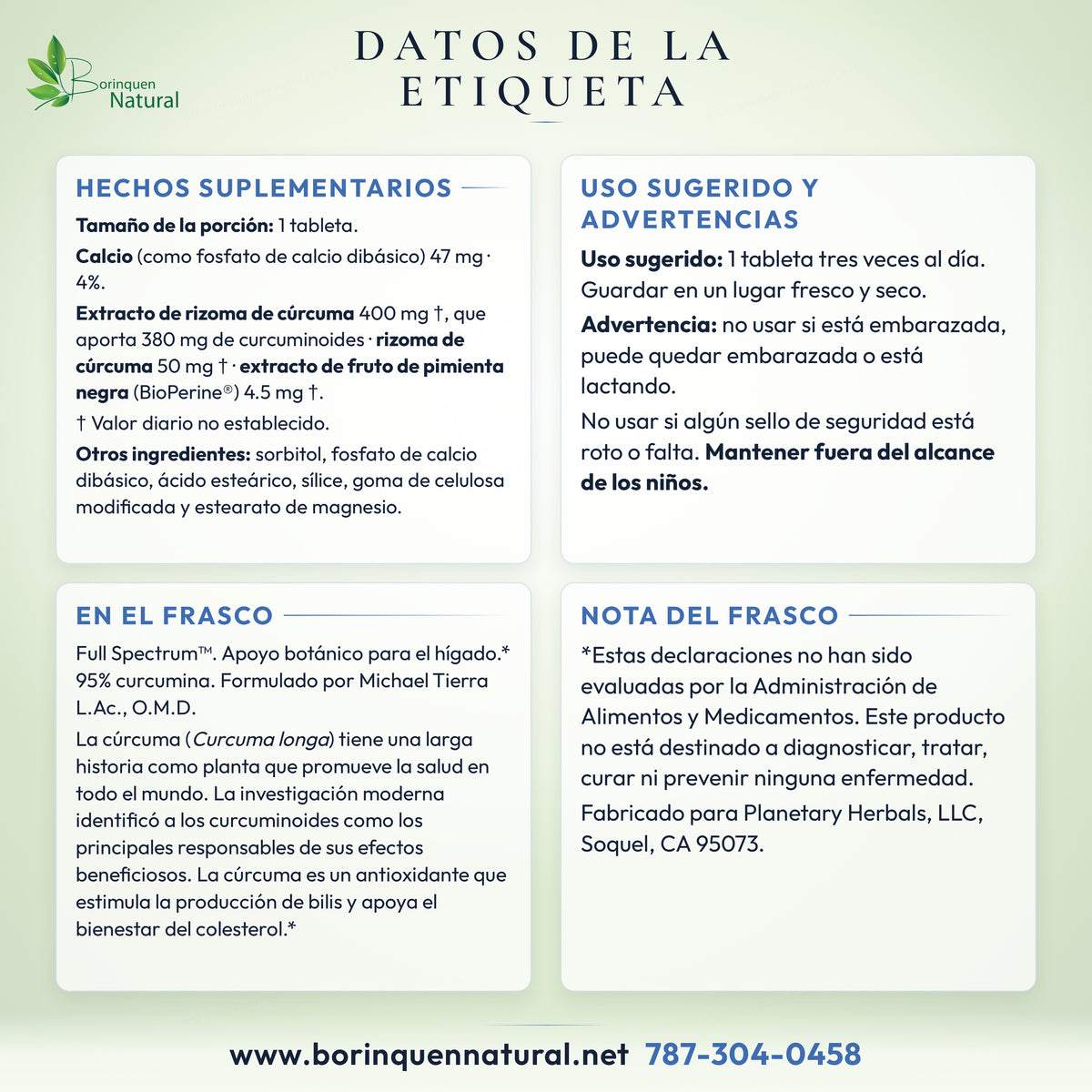 Datos de la etiqueta del Turmeric Extract de Planetary Herbals: hechos suplementarios, otros ingredientes, uso sugerido, advertencias y lo que dice el frasco
