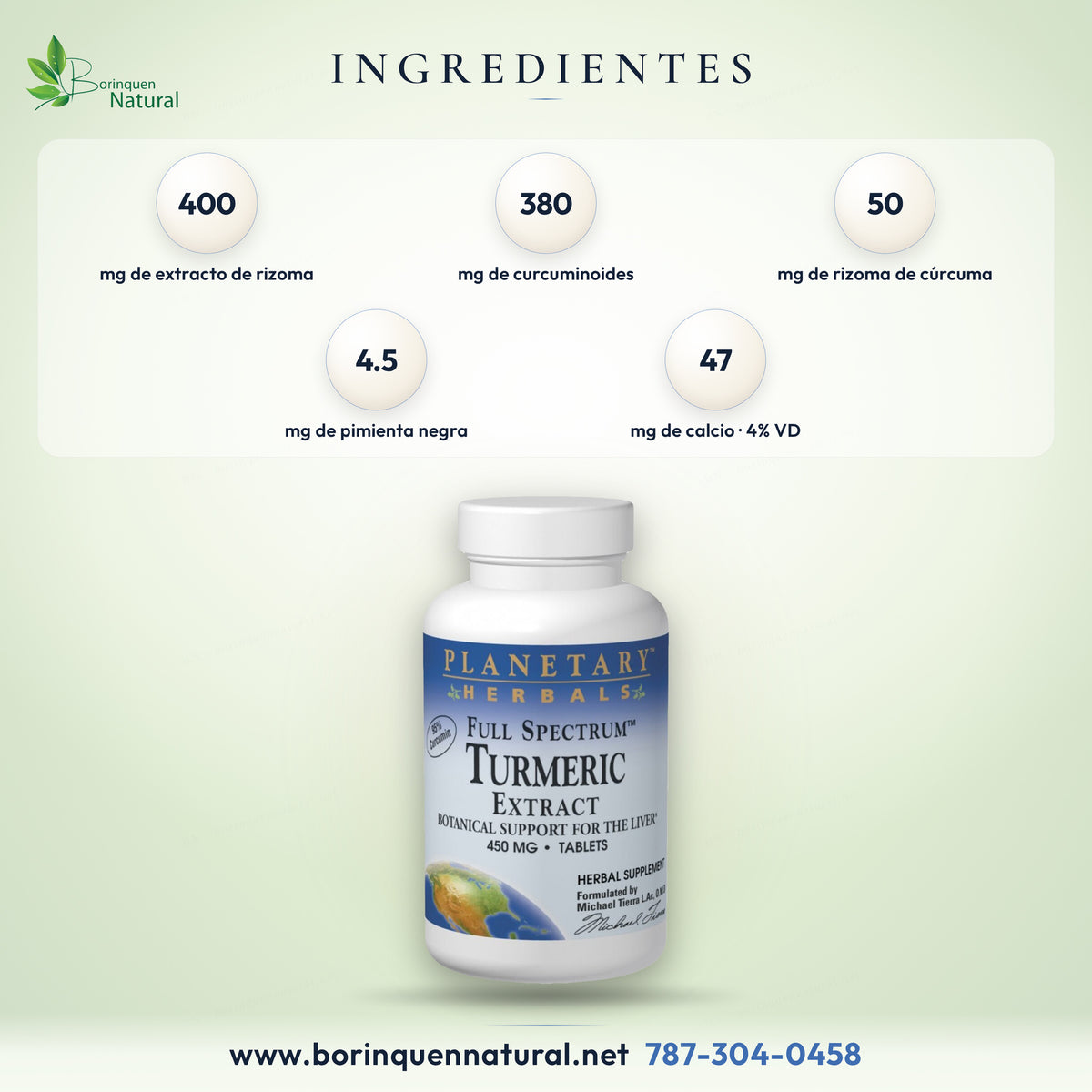 Ingredientes del Turmeric Extract de Planetary Herbals: 400 mg de extracto de rizoma de cúrcuma con 380 mg de curcuminoides, 50 mg de rizoma y 4.5 mg de pimienta negra