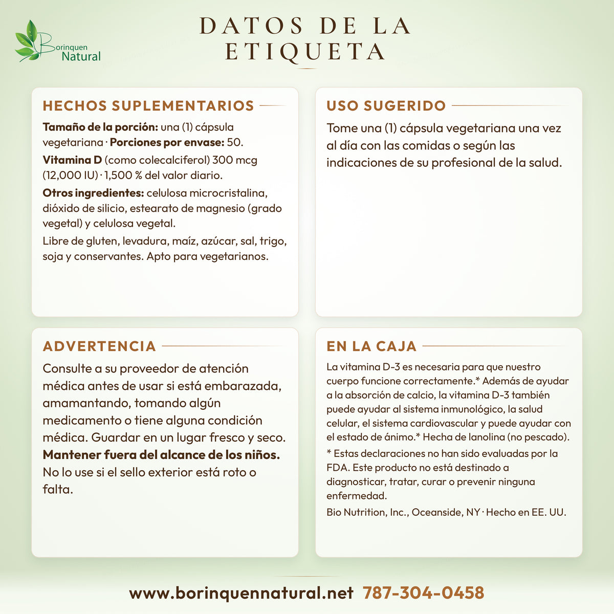 Vitamina D3 12.000 UI (300 mcg) Bio Nutrition, 50 Cápsulas Vegetales — vista lateral del envase