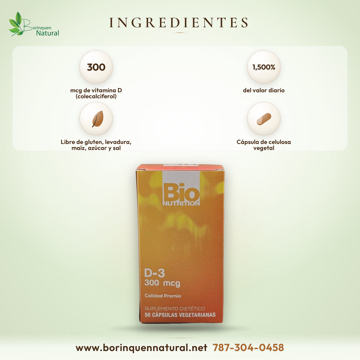 Vitamina D3 12.000 UI (300 mcg) Bio Nutrition, 50 Cápsulas Vegetales — vista posterior del envase