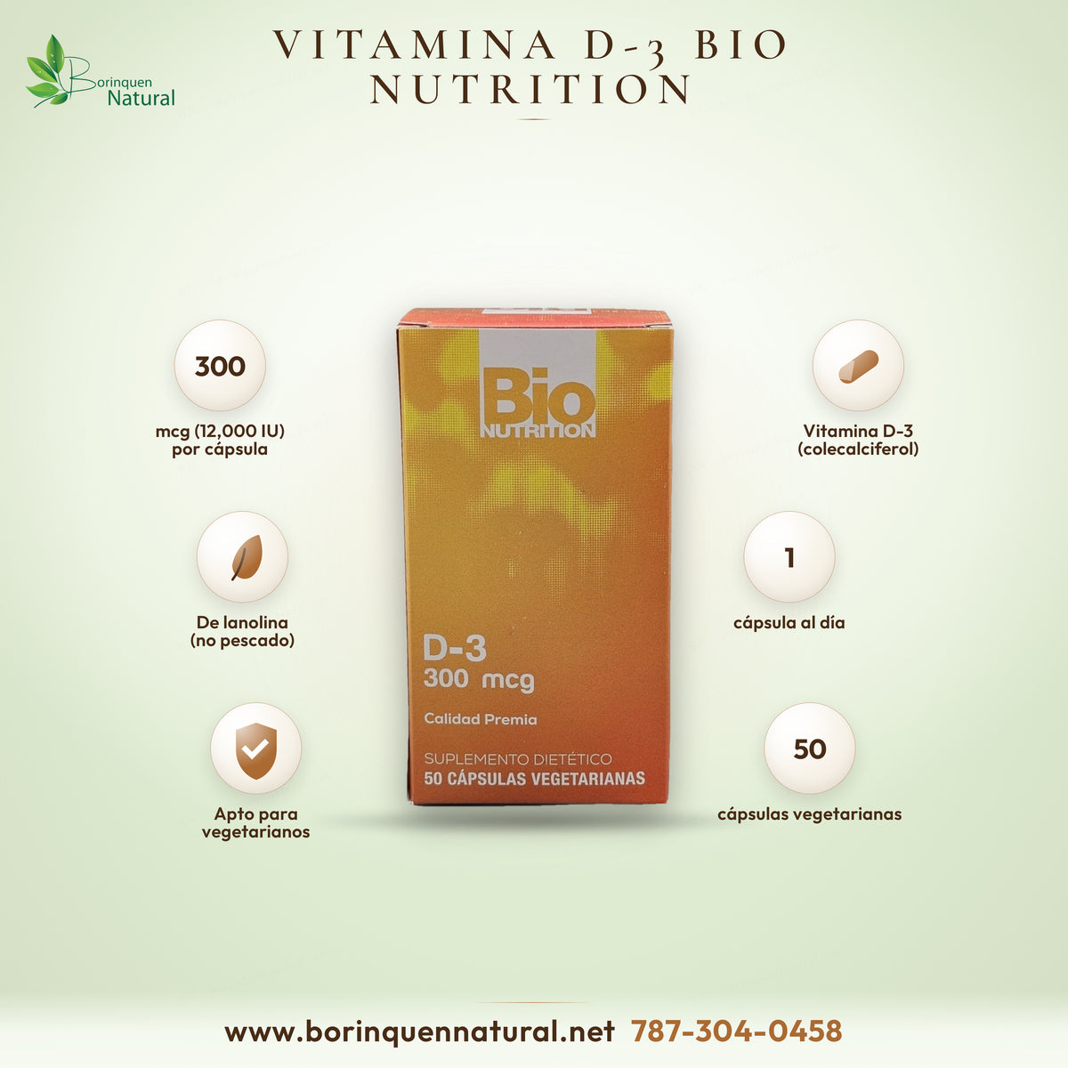Vitamina D3 12.000 UI (300 mcg) Bio Nutrition, 50 Cápsulas Vegetales