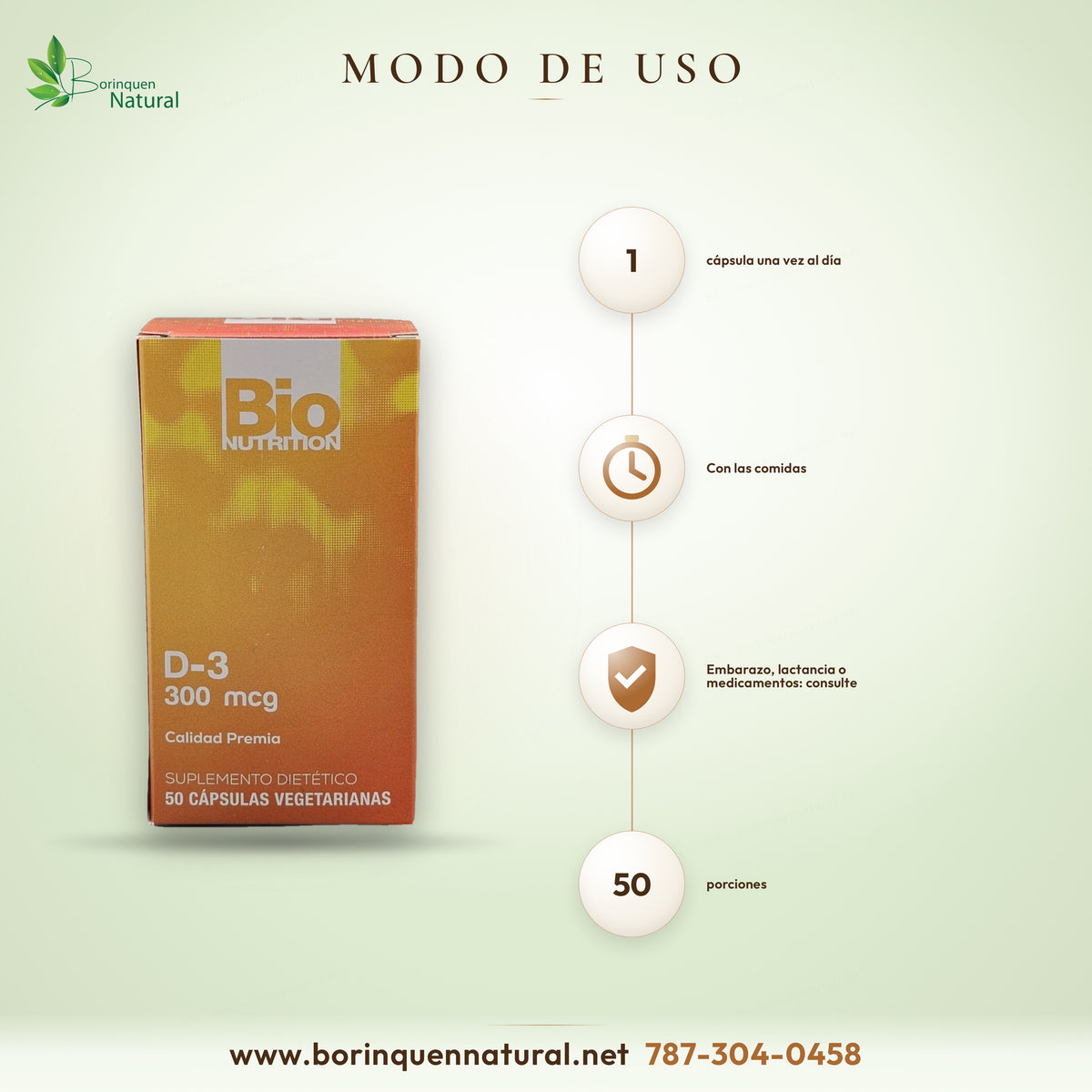Vitamina D3 12.000 UI (300 mcg) Bio Nutrition, 50 Cápsulas Vegetales — etiqueta con los ingredientes