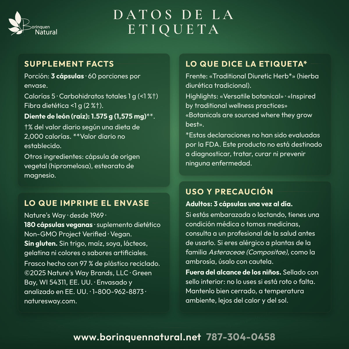 Datos de la etiqueta de la raíz de diente de león de Nature's Way: tabla, uso, avisos y descargo de la FDA