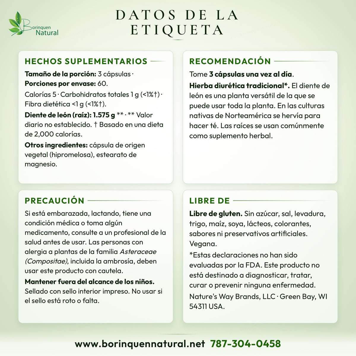 Datos de la etiqueta de la raíz de diente de león de Nature's Way: hechos suplementarios, otros ingredientes, modo de uso, precauciones y descargo de la FDA