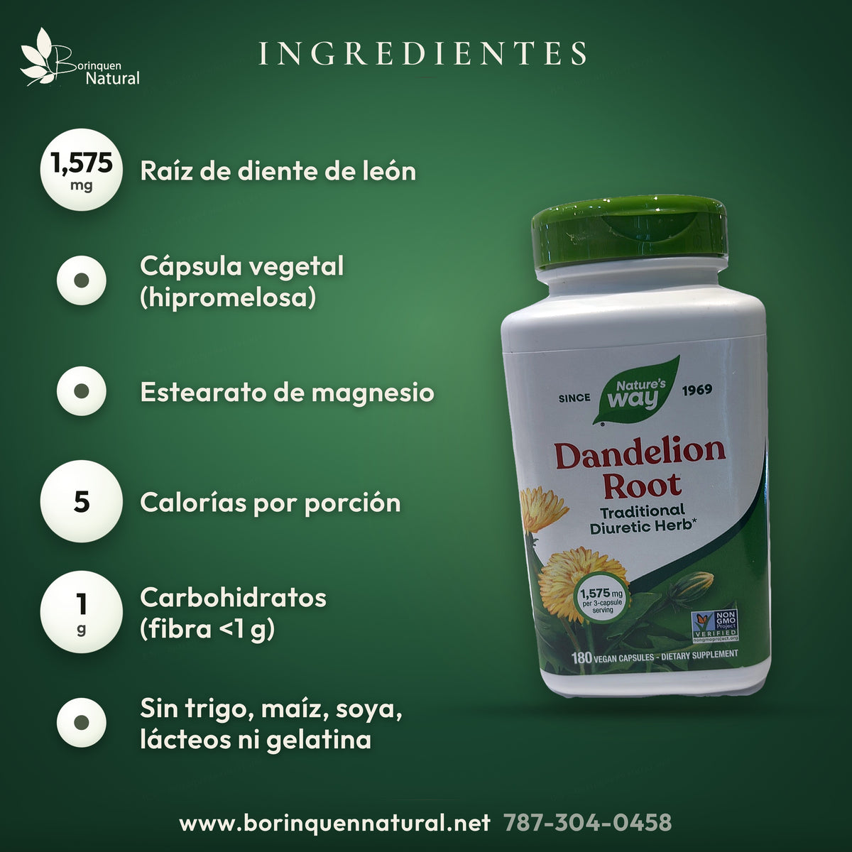 Ingredientes de la raíz de diente de león de Nature's Way: 1.575 g de raíz, cápsula vegetal y estearato de magnesio