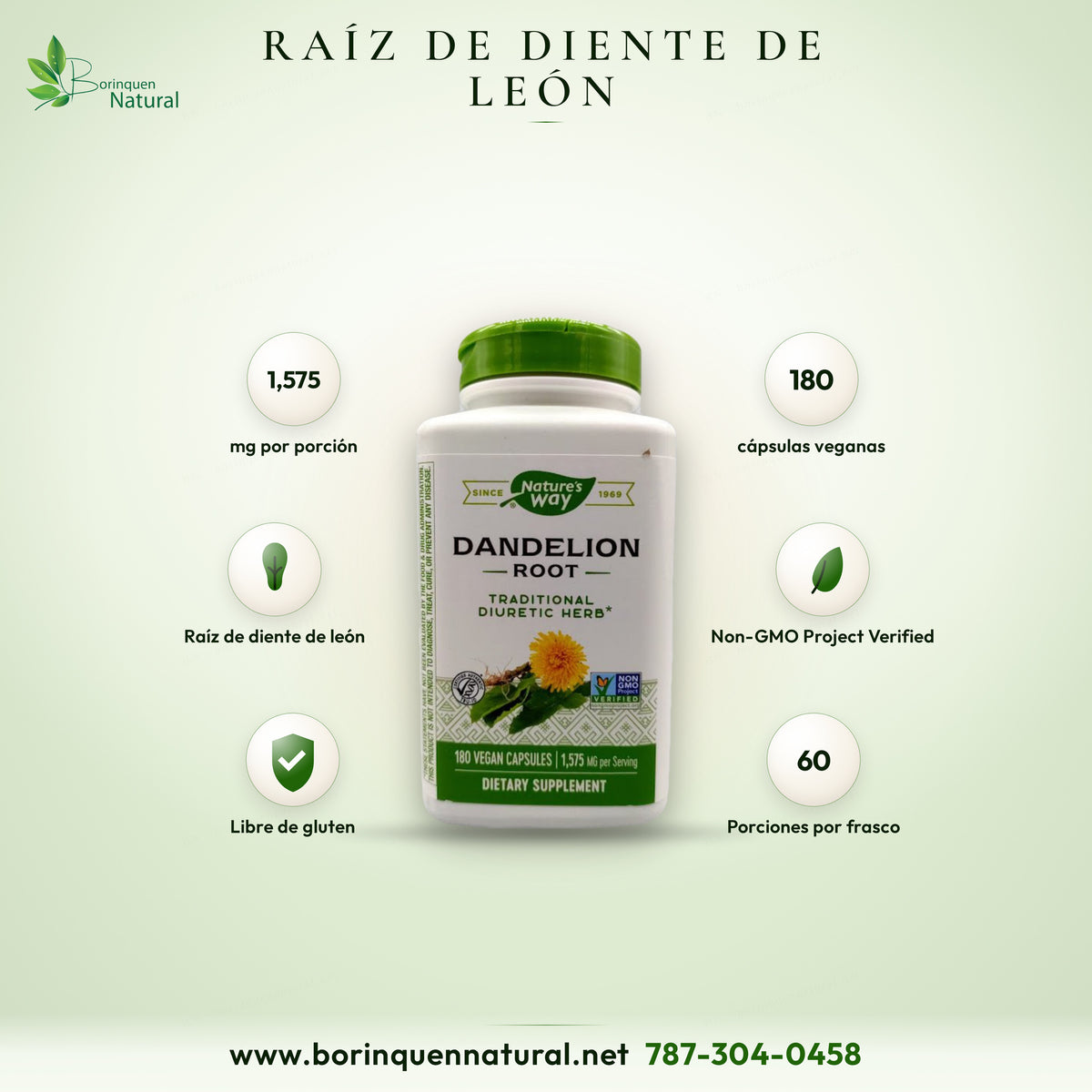 Raíz de diente de león (Dandelion Root) de Nature's Way, frasco de 180 cápsulas veganas, 1,575 mg por porción