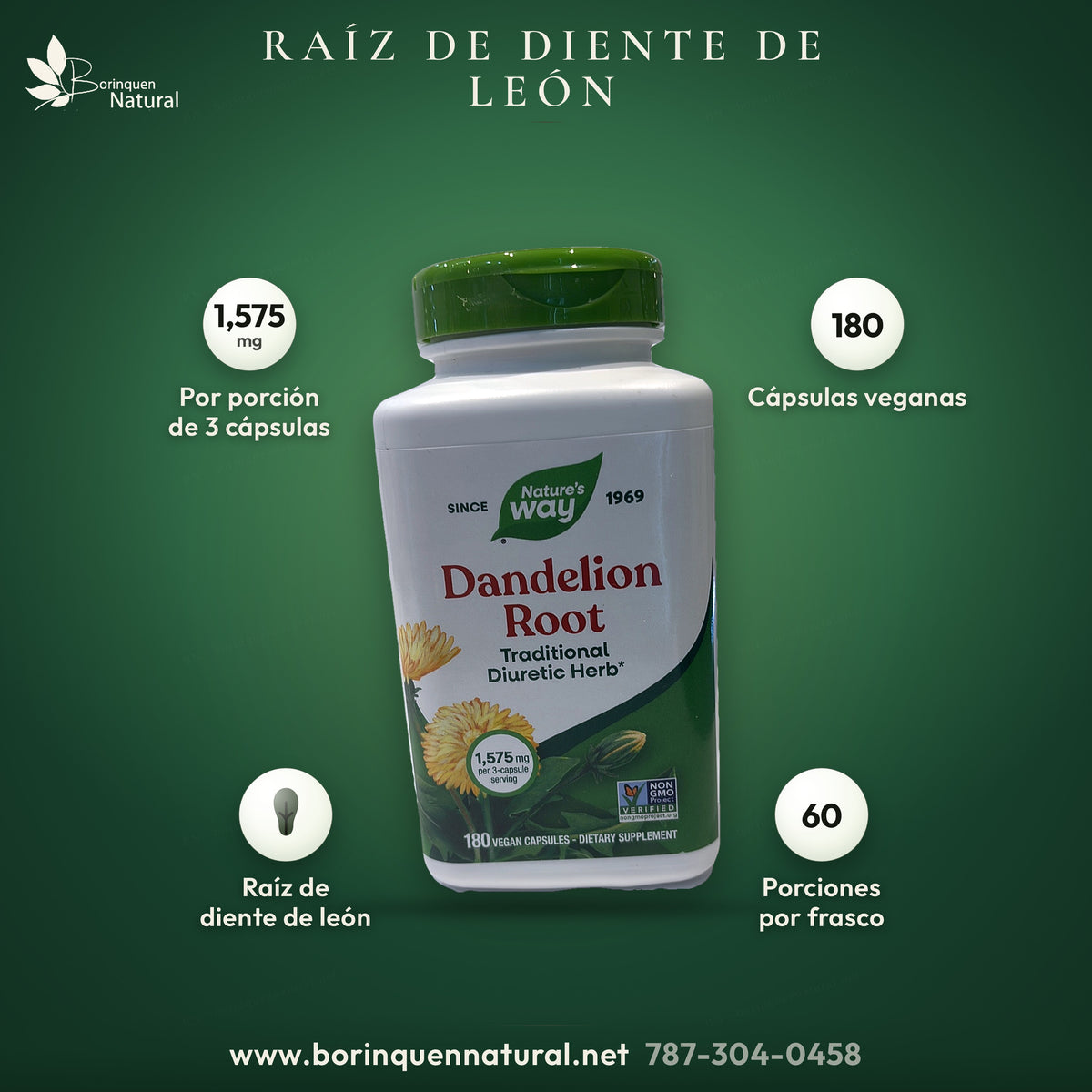 Raíz de diente de león de Nature's Way: 1,575 mg por porción de 3 cápsulas, frasco de 180 cápsulas veganas