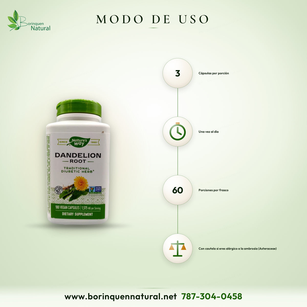 Modo de uso de la raíz de diente de león de Nature's Way: 3 cápsulas una vez al día; precaución si hay alergia a la familia Asteraceae