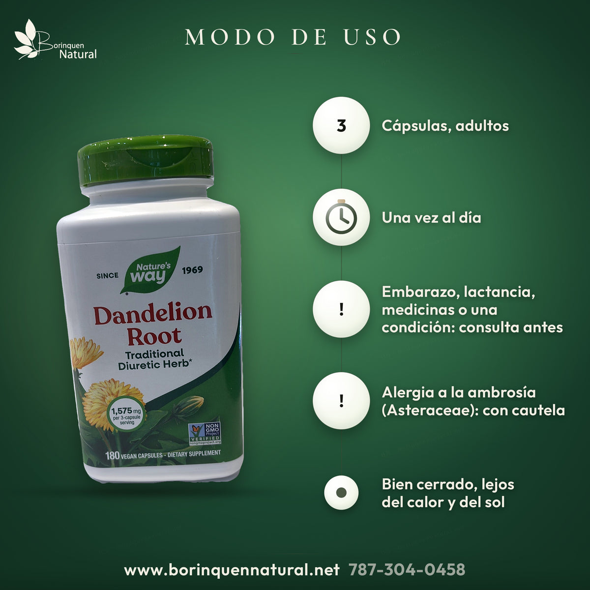 Modo de uso de la raíz de diente de león de Nature's Way: adultos, 3 cápsulas una vez al día