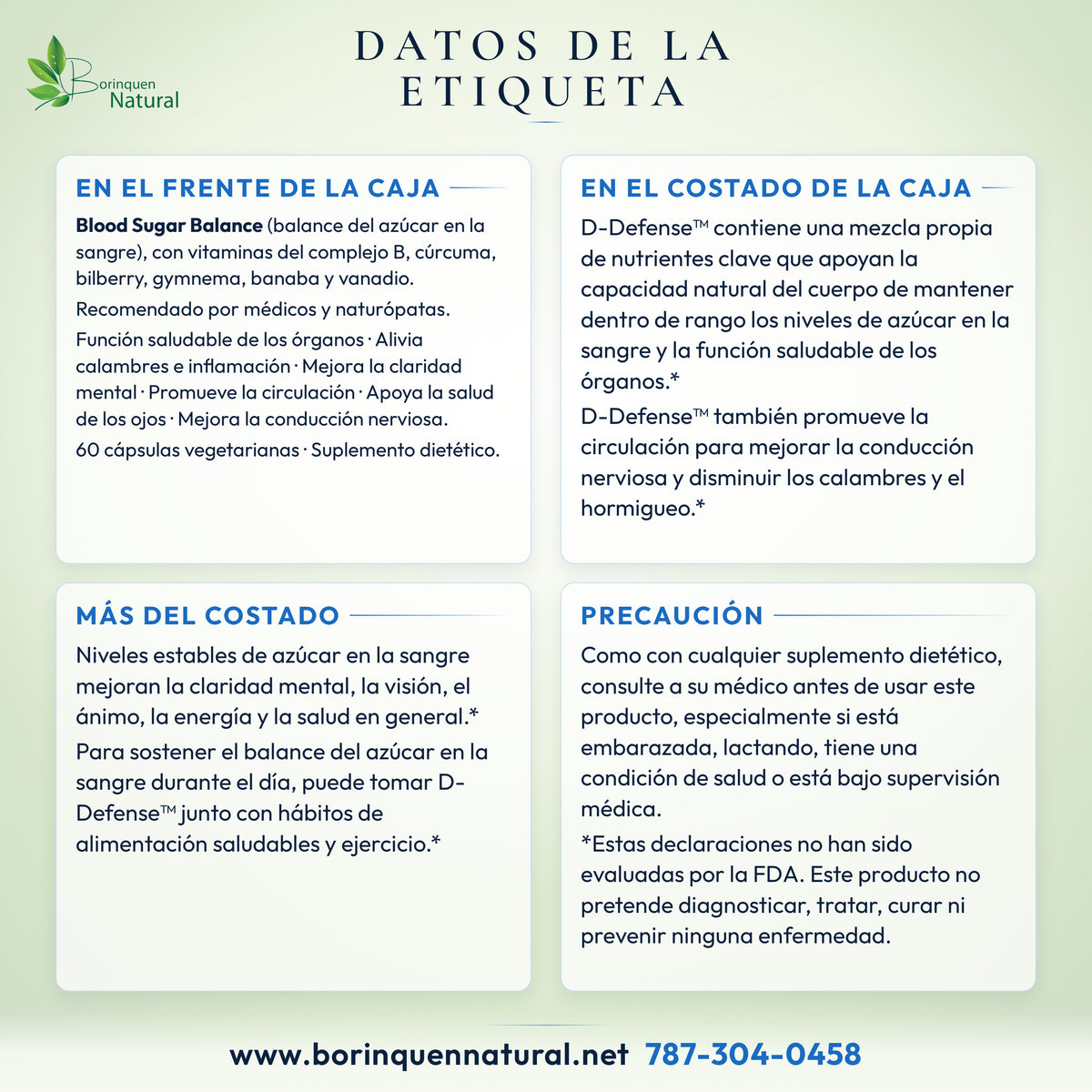 Datos de la etiqueta de D-Defense de Organic Health Labs: frente de la caja, texto del costado, precaución y descargo de la FDA