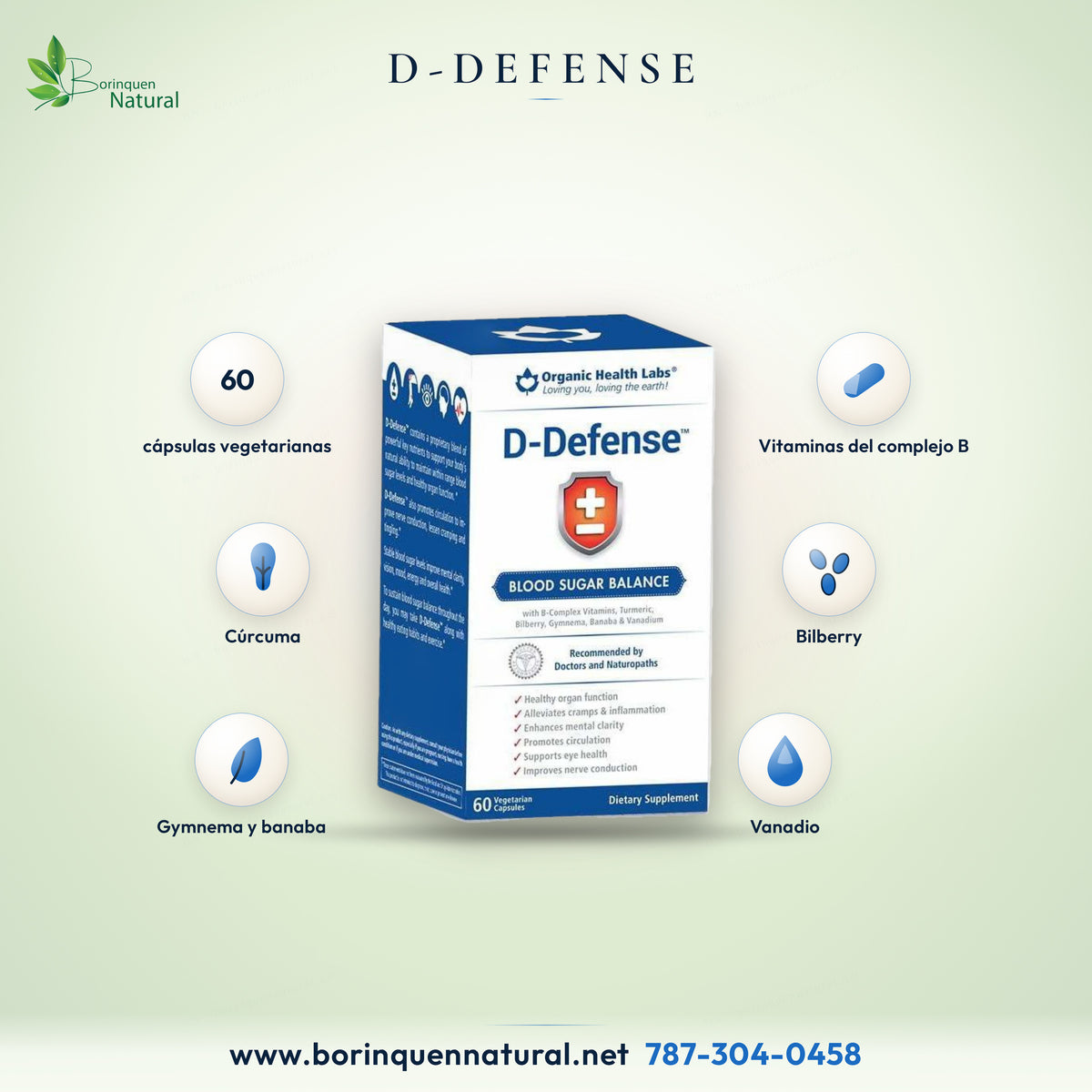 D-Defense de Organic Health Labs, caja de 60 cápsulas vegetarianas con vitaminas del complejo B, cúrcuma, bilberry, gymnema, banaba y vanadio