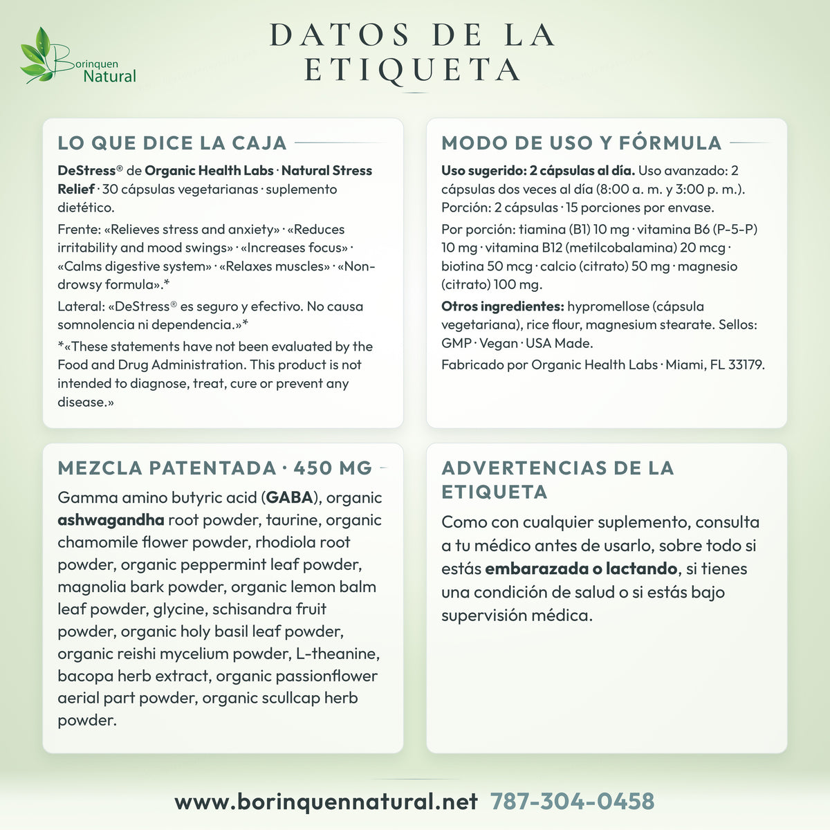 Datos de la etiqueta de DeStress de Organic Health Labs: lo que dice la caja, modo de uso, ingredientes de la mezcla y advertencias
