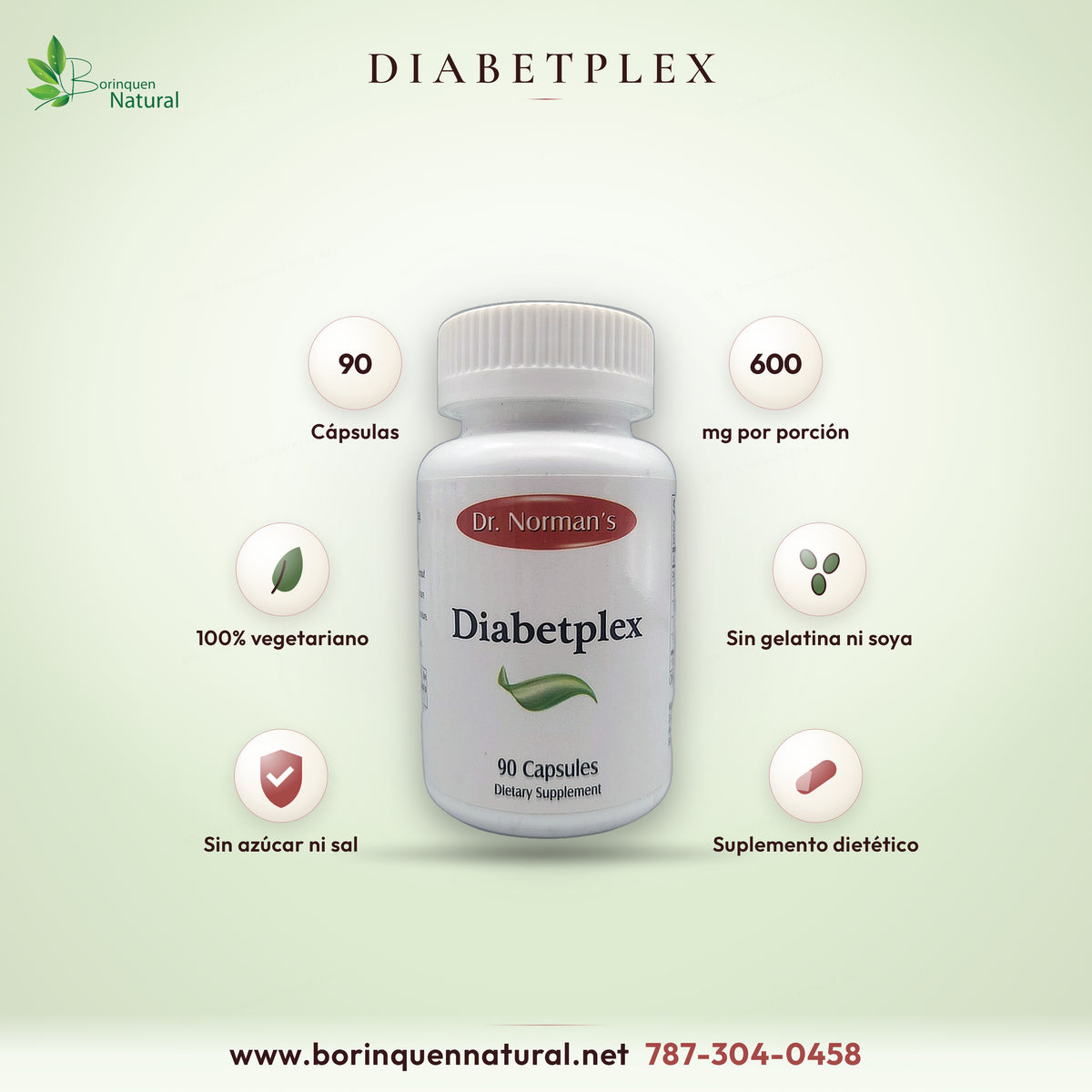 Diabetplex de Dr. Norman's, 90 cápsulas: 600 mg por porción, 100% vegetariano, sin gelatina, soya, azúcar ni sal
