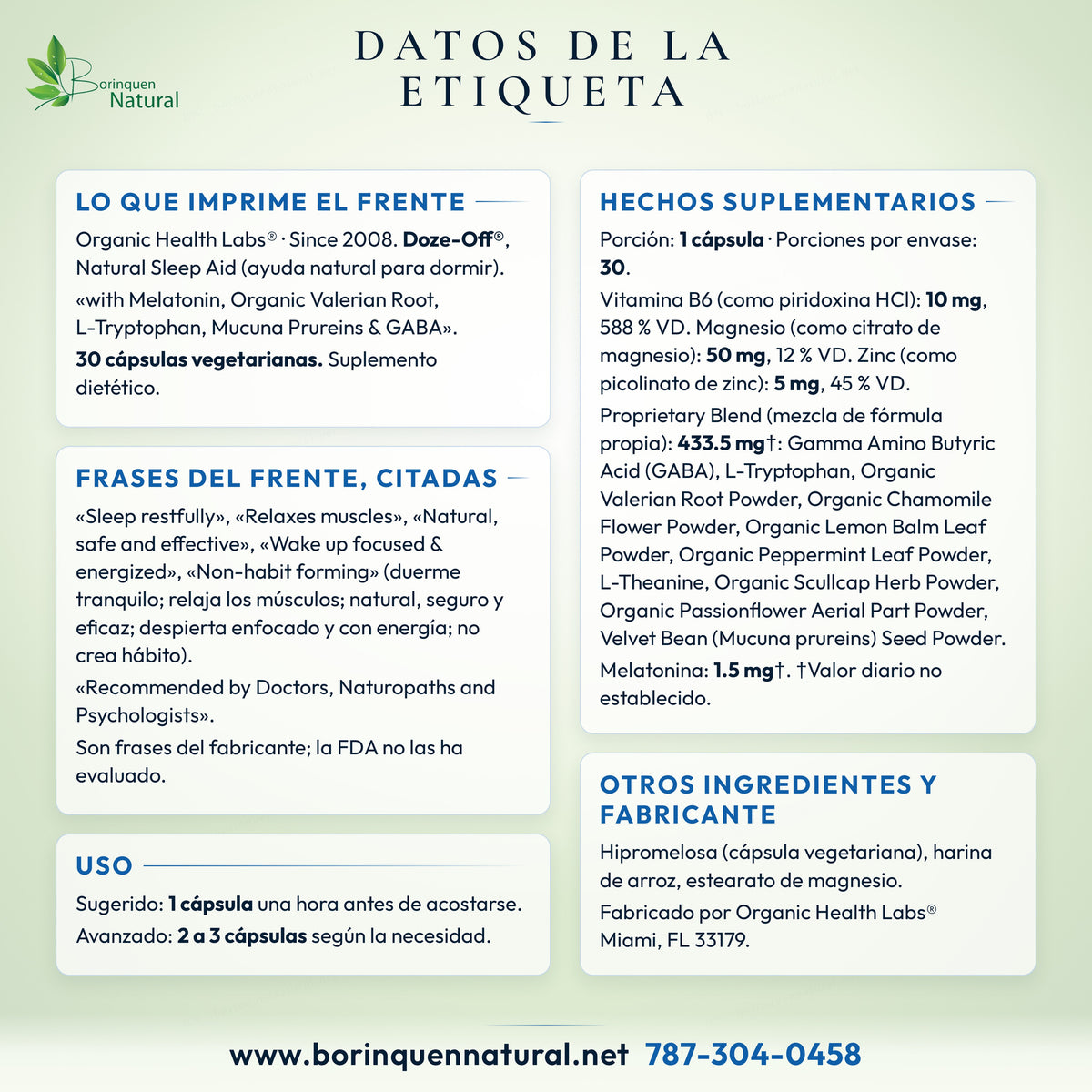 Datos de la etiqueta de Doze-Off de Organic Health Labs: frente, hechos suplementarios con % VD, uso e ingredientes