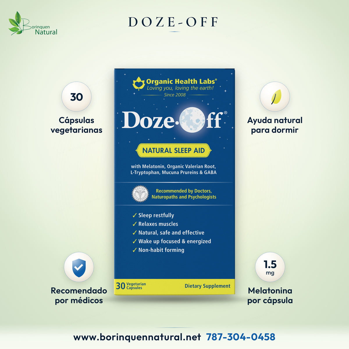 Doze-Off de Organic Health Labs, ayuda natural para dormir con melatonina, valeriana orgánica y GABA, caja de 30 cápsulas