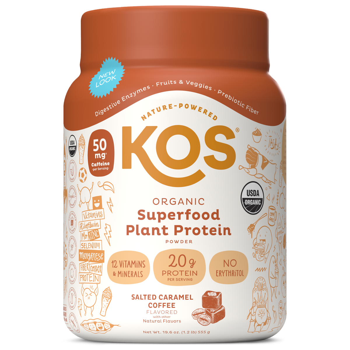 Proteína Vegetal Orgánica KOS Caramelo Salado con Café 20 g por Porción, 15 Porciones (19.6 oz)