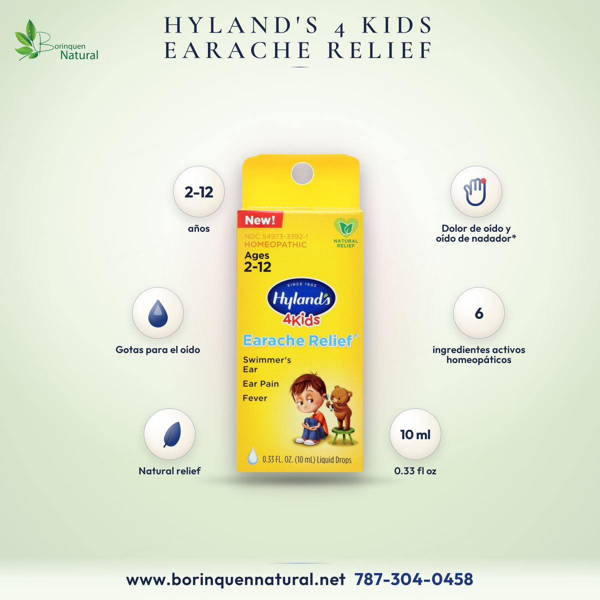 Hyland's 4 Kids Earache Relief, gotas homeopáticas para el oído en niños de 2 a 12 años, 0.33 fl oz (10 ml)