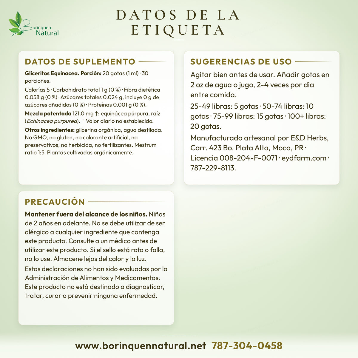Datos de la etiqueta de Equinácea Kids E&D Herbs: datos de suplemento, uso por peso y precaución