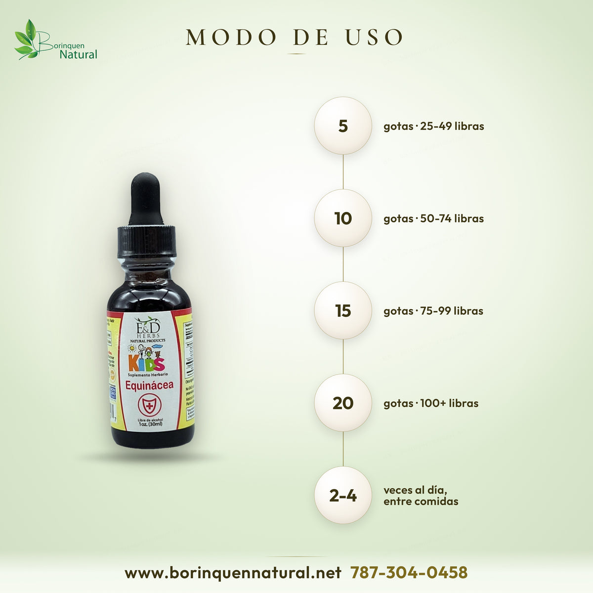 Modo de uso de Equinácea Kids E&D Herbs: gotas según el peso del niño en 2 oz de agua o jugo, 2-4 veces al día