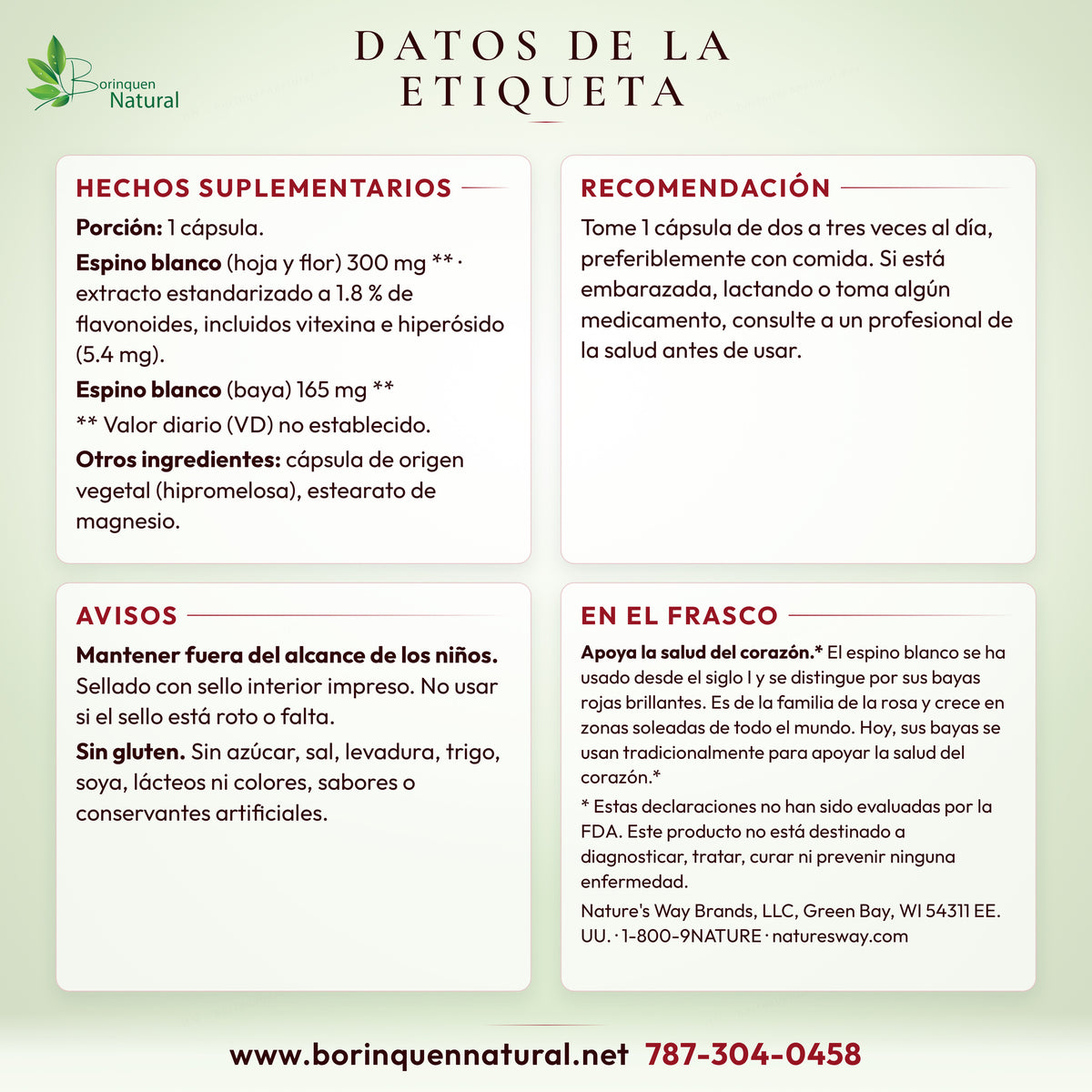 Datos de la etiqueta del espino blanco de Nature's Way: hechos suplementarios, recomendación y avisos