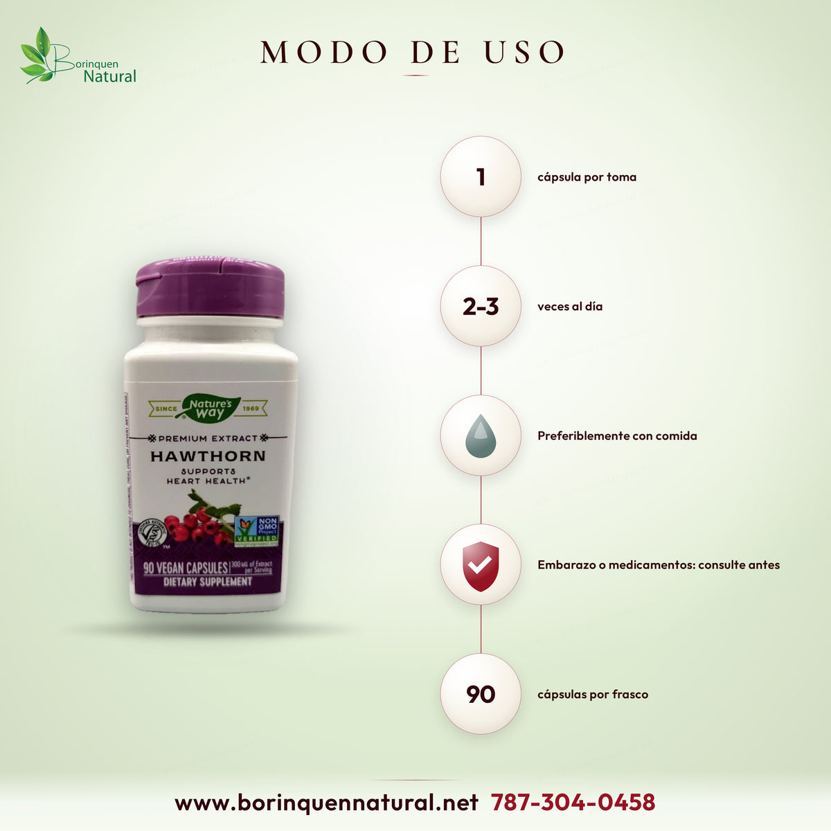 Modo de uso del espino blanco de Nature's Way: 1 cápsula de dos a tres veces al día, preferiblemente con comida