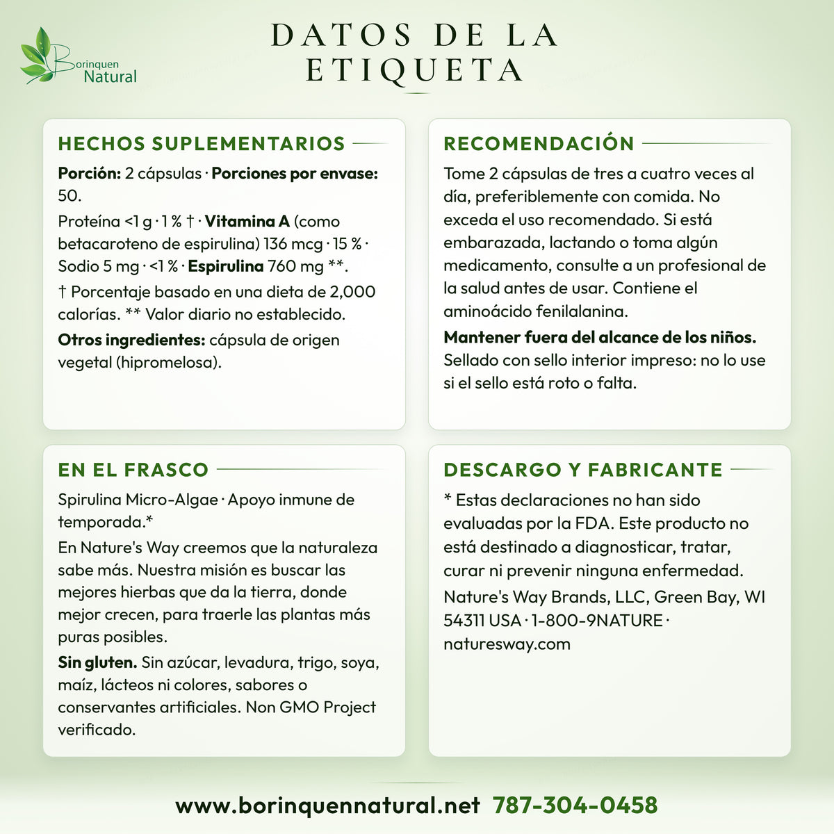 Datos de la etiqueta de la espirulina de Nature's Way: hechos suplementarios, recomendación y lo que dice el frasco