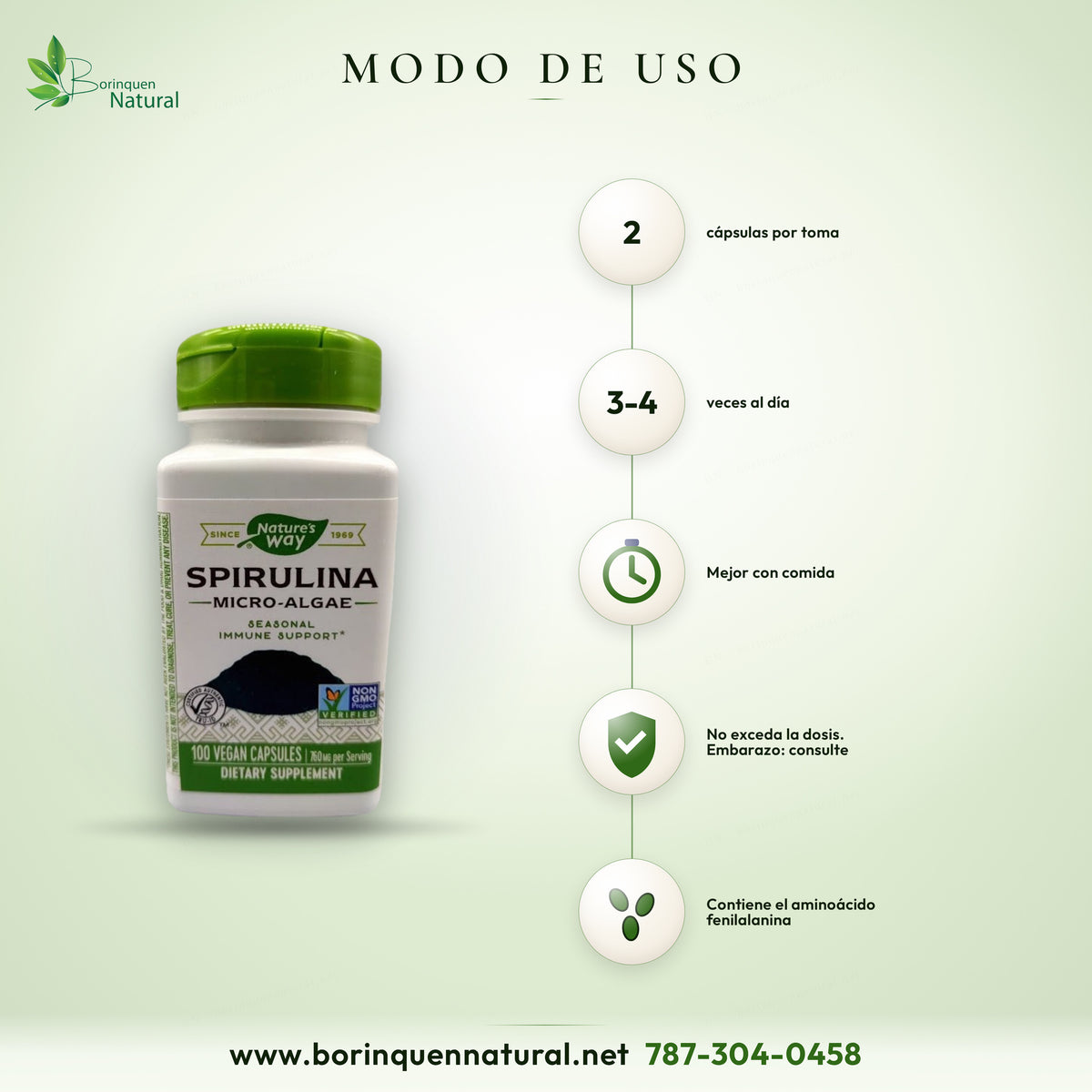 Modo de uso de la espirulina de Nature's Way: 2 cápsulas de 3 a 4 veces al día, mejor con comida