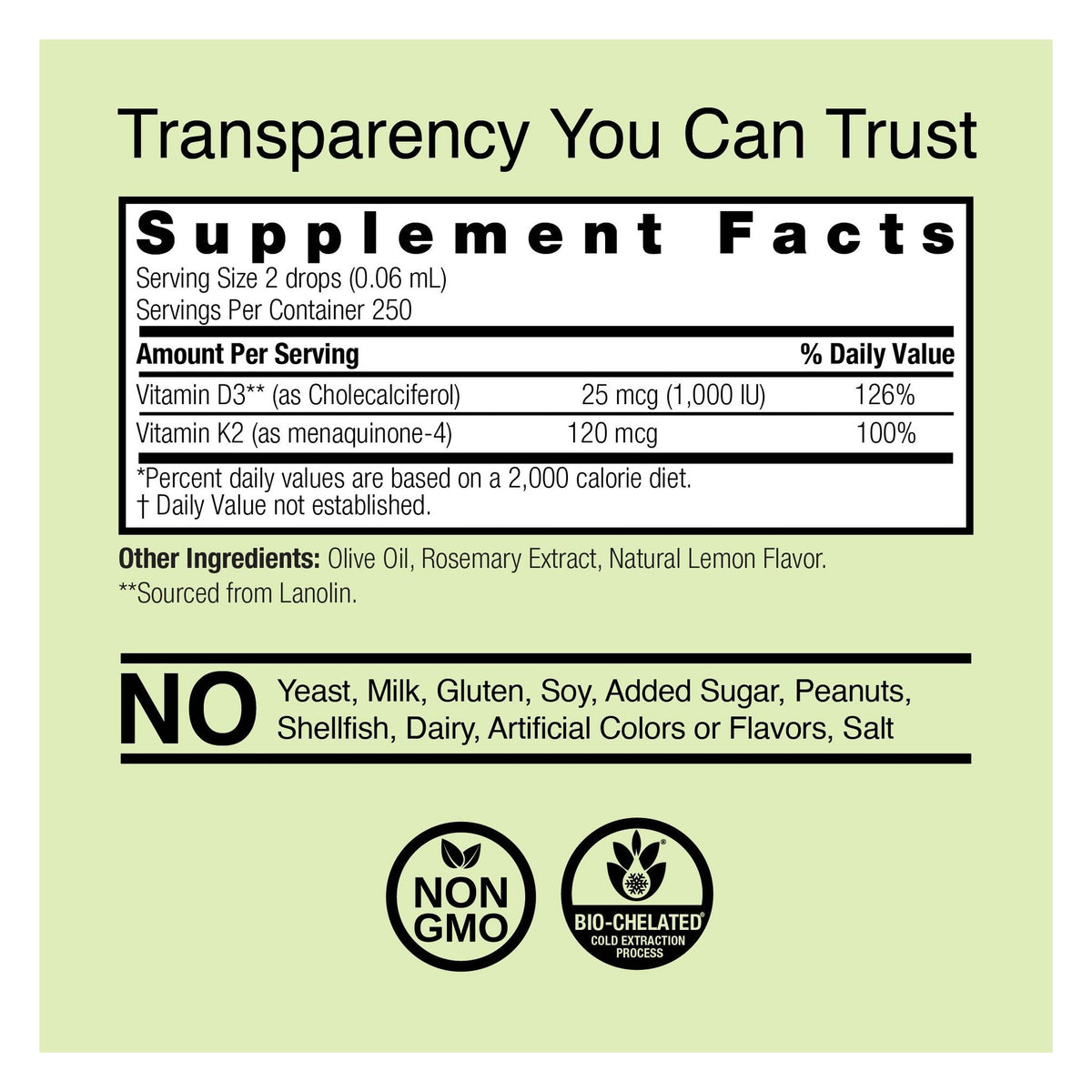 Vitamina D3 y K2 de Nature's Answer: etiqueta del envase, Supplement Facts publicado por el fabricante