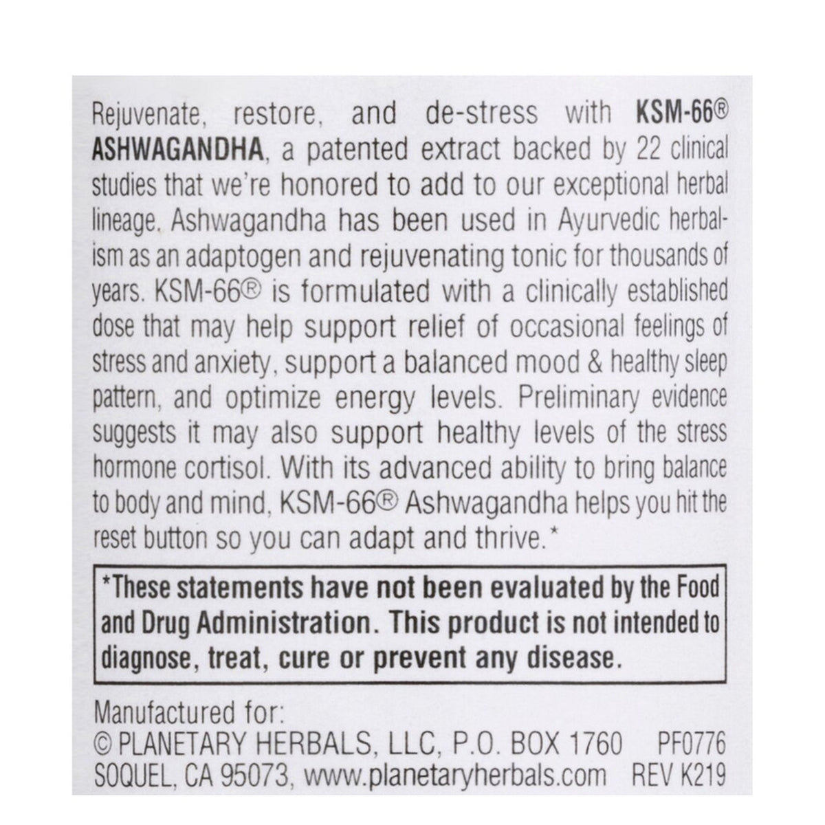 KSM-66 Ashwagandha de Planetary Herbals: etiqueta del frasco, lateral con la descripción y el fabricante