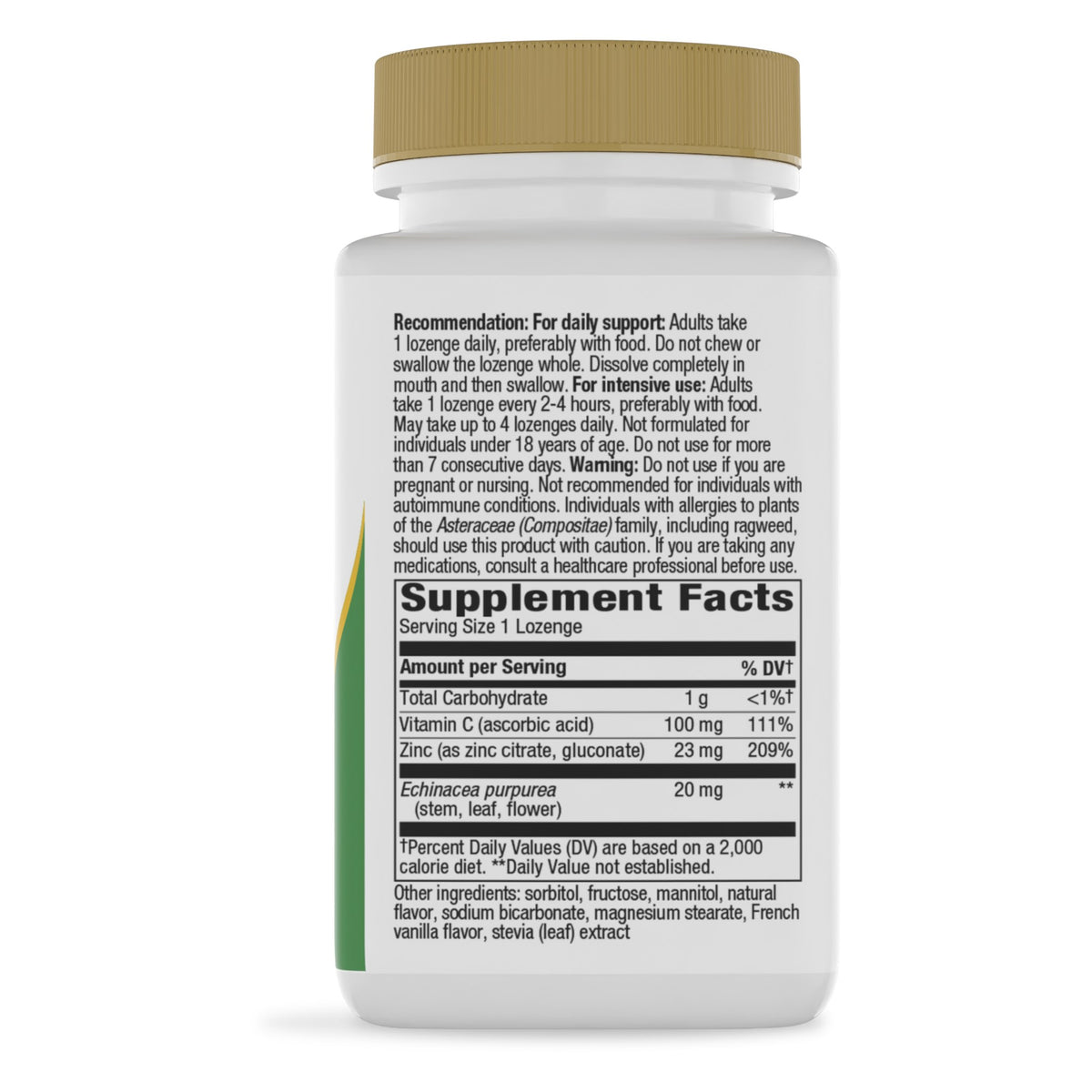 Zinc con Vitamina C y Equinácea de Nature's Way: etiqueta del envase, Supplement Facts y modo de uso