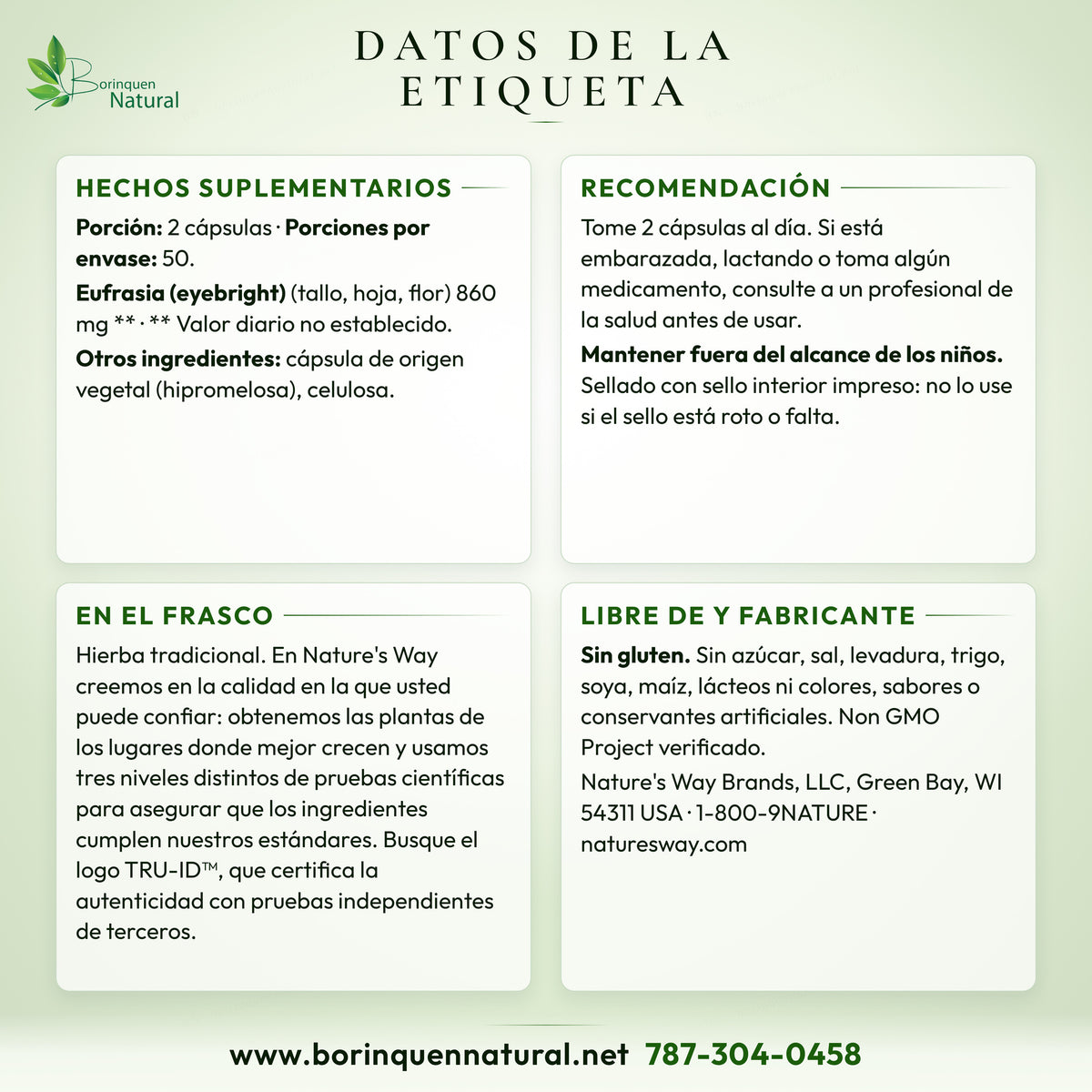 Datos de la etiqueta del Eyebright de Nature's Way: hechos suplementarios, recomendación y lo que dice el frasco